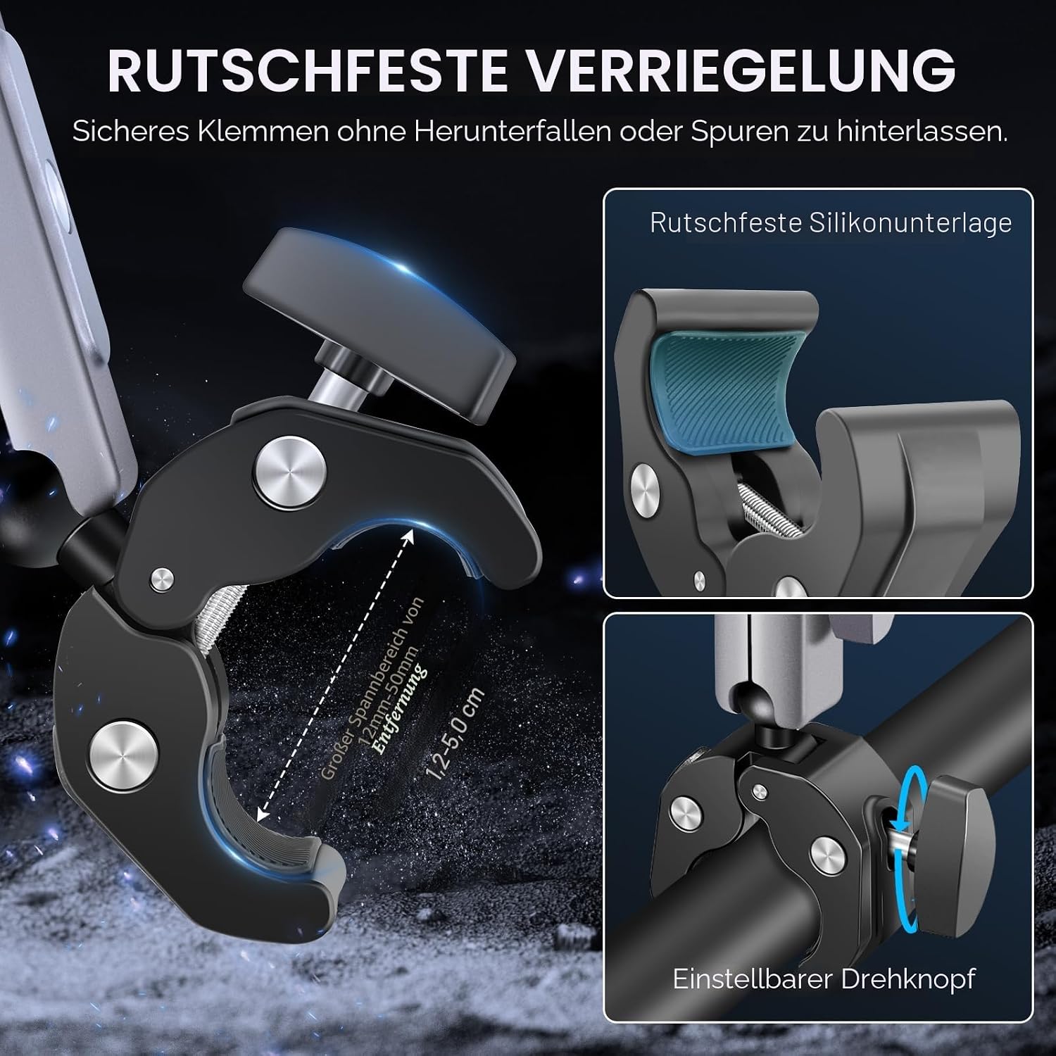 Detalle de REYGEAK Kamerahalterung: 360°-Dual-Kugelkopf, 1/4-Zoll-Schrauben, Fahrradlenkerhalterung mit Doppelklaue für GoPro Max/Hero 13–9