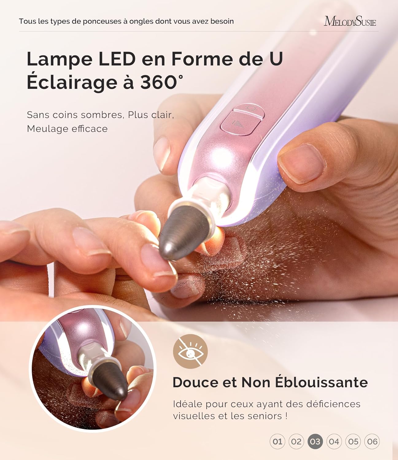Thumbnail 3 de MelodySusie ponceuse pour ongles PC760G – kit manucure/pédicure sans fil avec 8 embouts et LED 360°, 5 vitesses