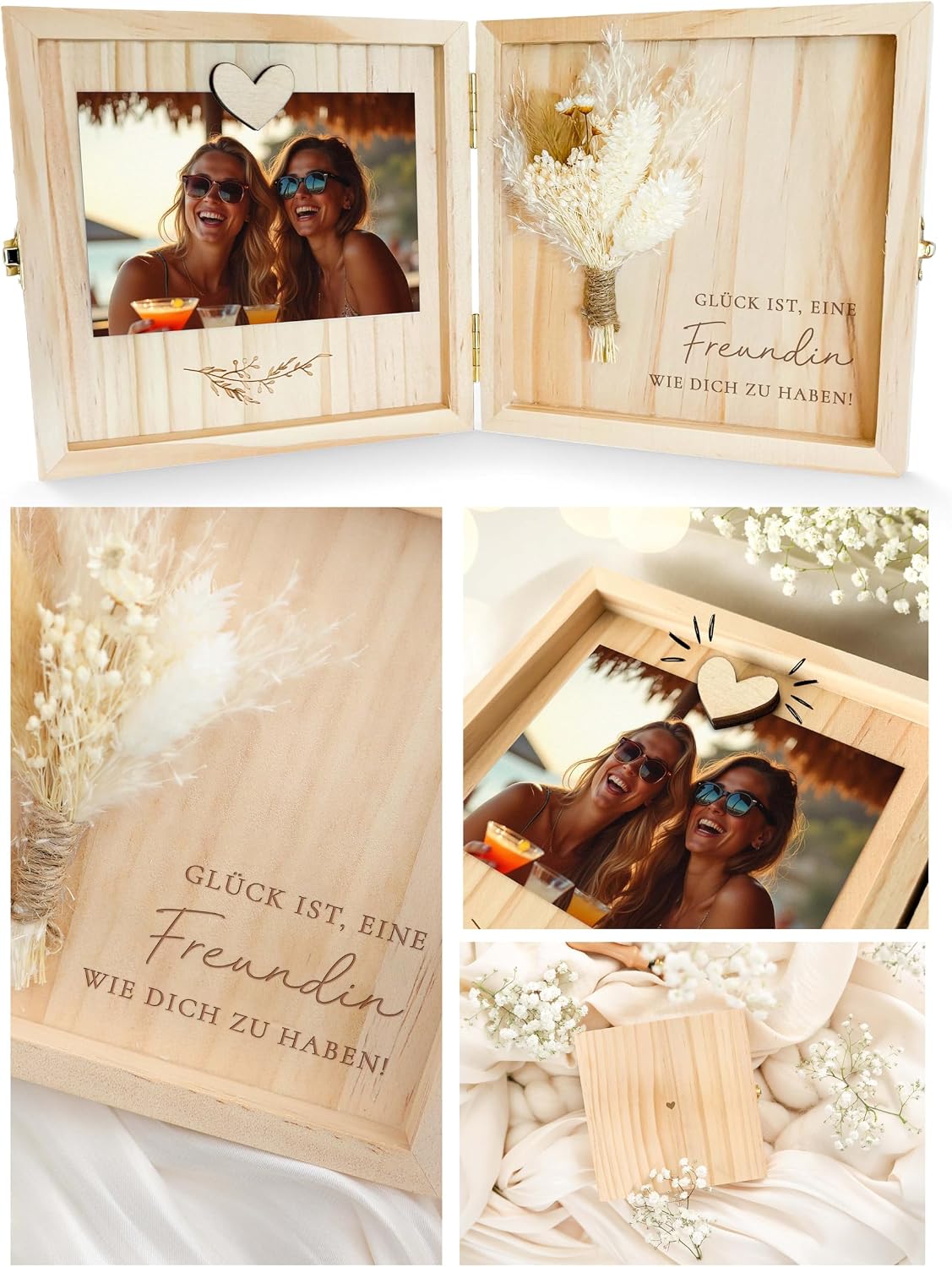 Detalle de Joli Coon Geschenkbox für Freundinnen – Glück ist es eine Freundin wie Dich zu haben, Holzbox 14 × 14 × 3 cm