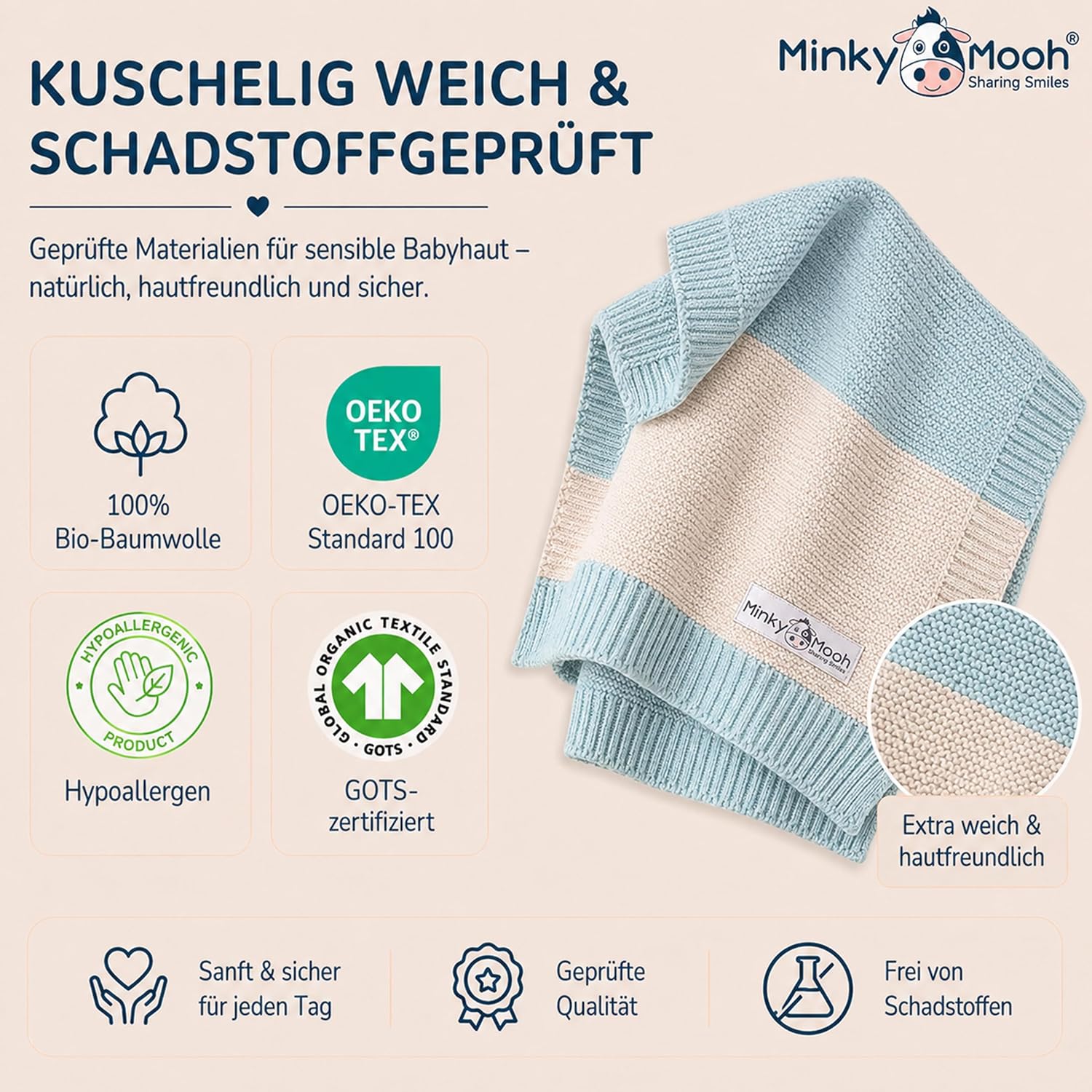 Thumbnail 2 de Minky Mooh® Babydecke aus 100% Bio-Baumwolle – Mint, 94x72 cm