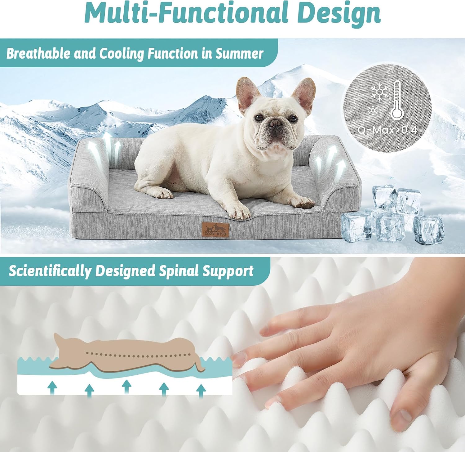 Detalle de COZY KISS Cooling Dog Bed 107x76x18cm | Orthopaedic Large Pet Bed with Removable Cover