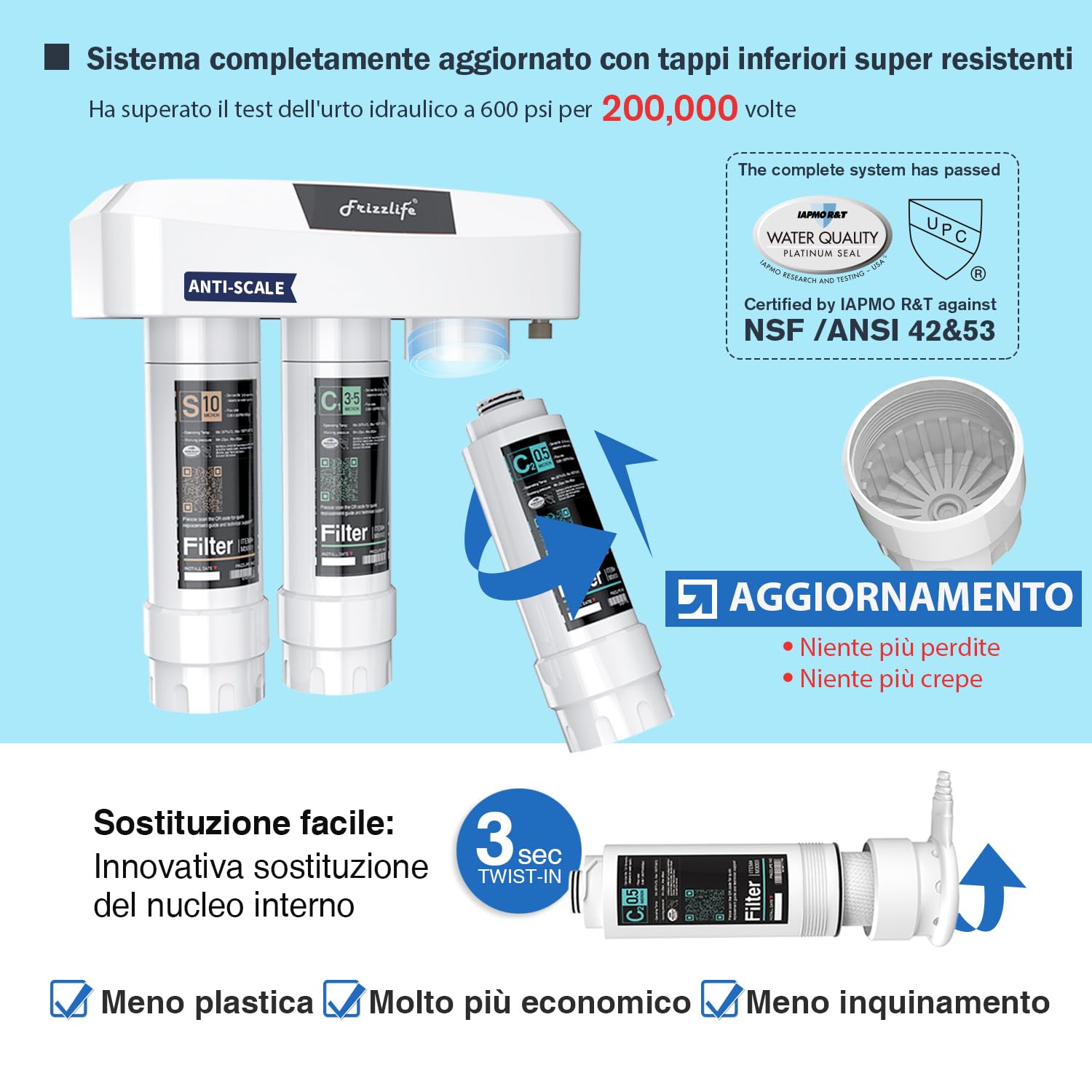 Detalle de Frizzlife SP99-NEW: sistema di filtrazione sottolavello a 3 stadi con rubinetto nichelato