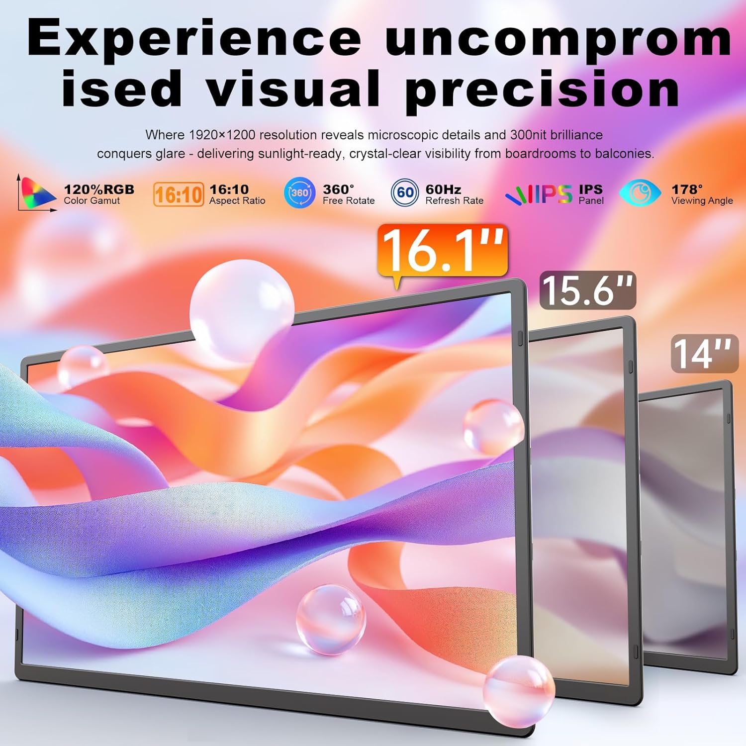 Detalle de domyfan 16" Portable Display FHD 1200p with Magnetic 360° Stand — Detachable Travel Screen for Laptops 13–17.3", Plug & Play