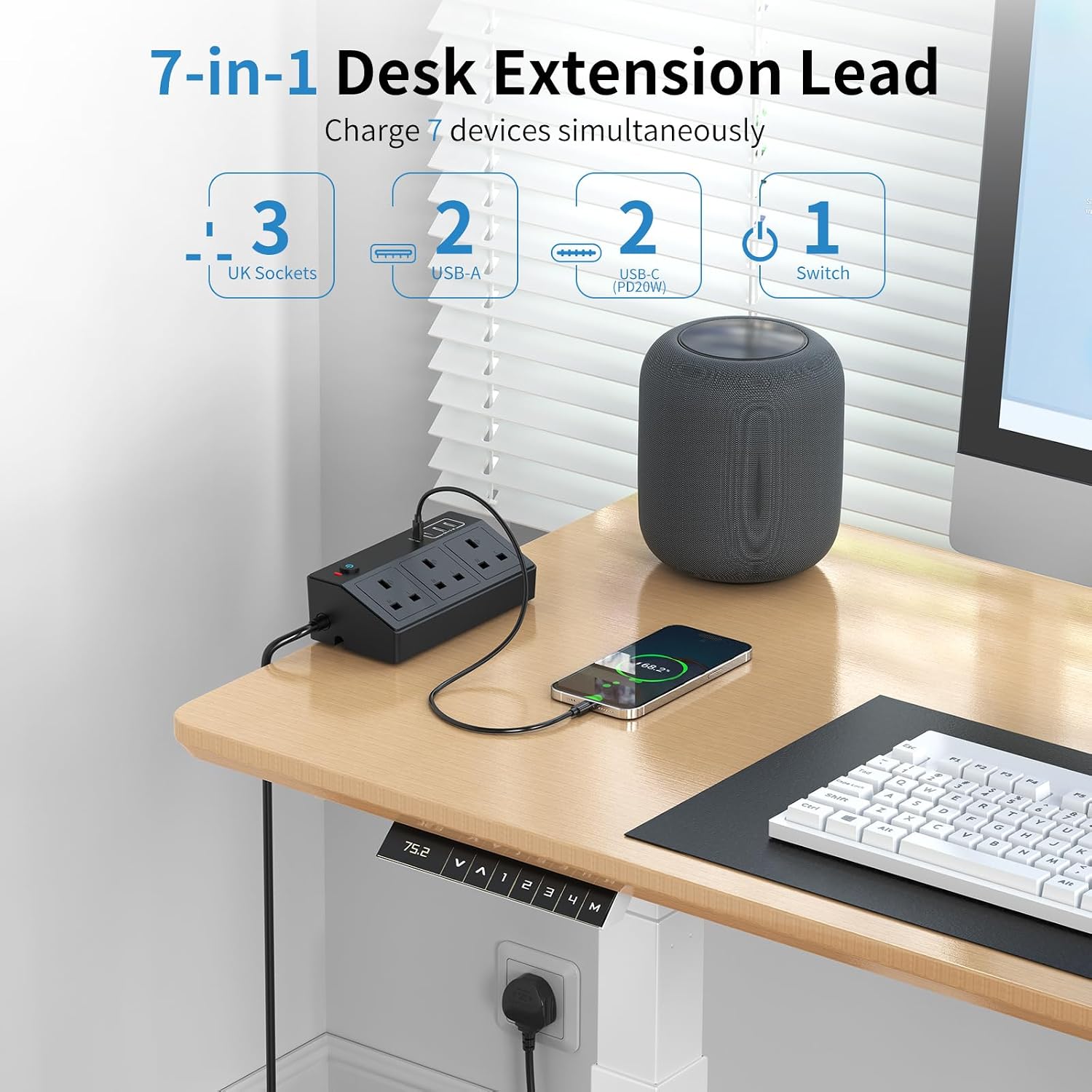 Detalle 2 de HAFINO PD 20W Desk Power Socket with USB‑C Slots – 7‑in‑1 Power Station with 2M Extension Lead