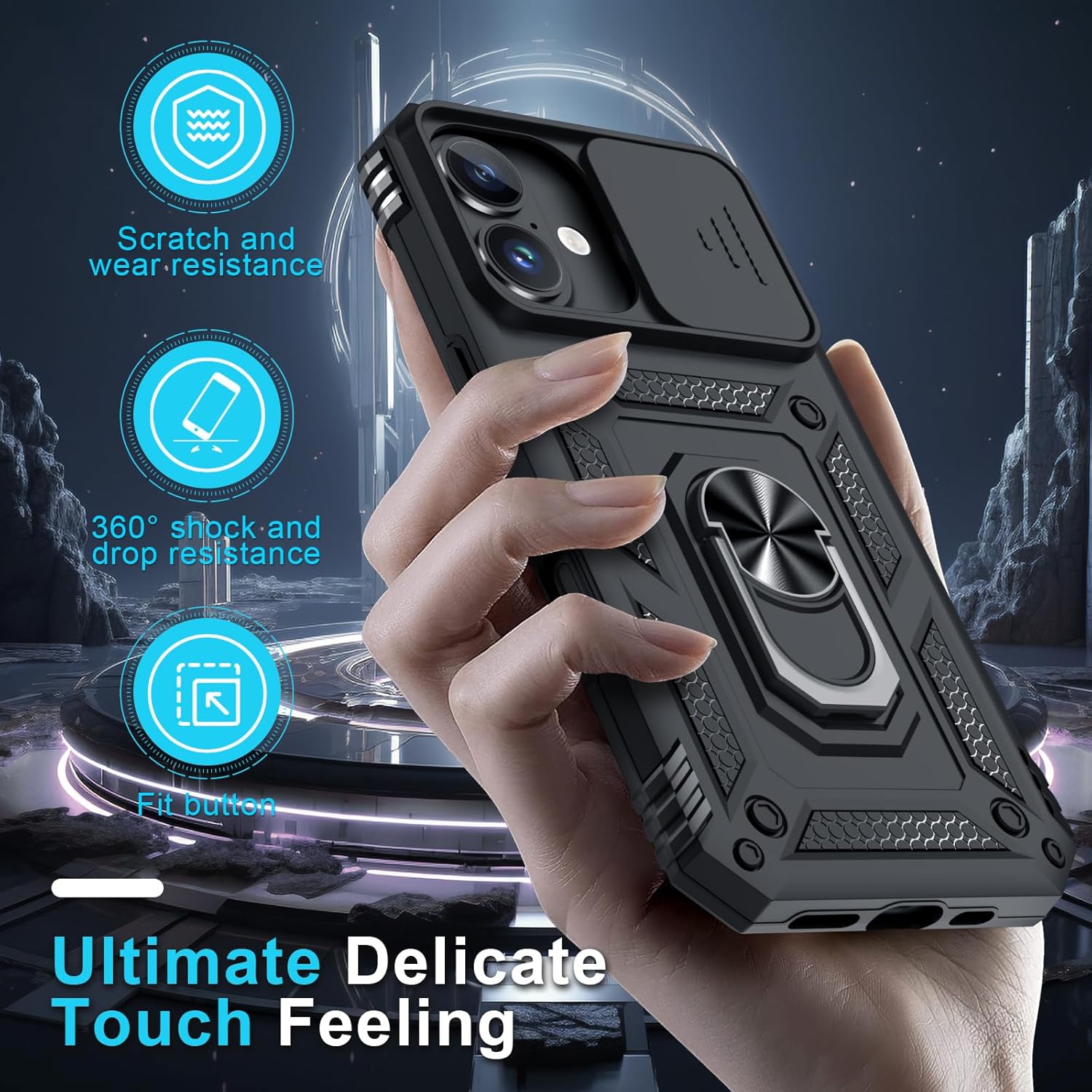 Thumbnail 6 de Janmitta Case for iPhone 14 & 13: Heavy-Duty Case with Slide Camera Lens Cover, Built-In Screen Protector, Kickstand, and Finger Ring