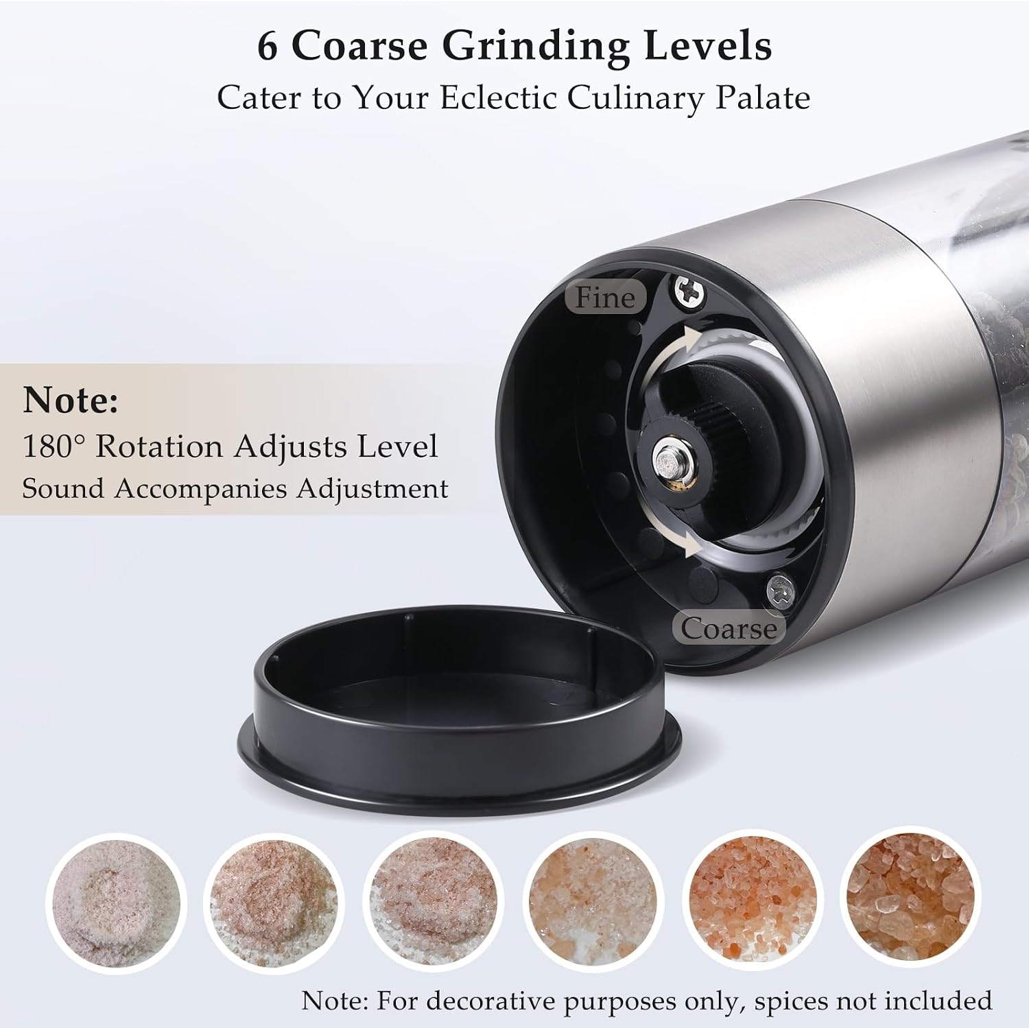 Detalle de Electric Salt and Pepper Grinder Set (2 Pack) – USB Rechargeable, Stainless Steel, Adjustable Coarseness with LED Light