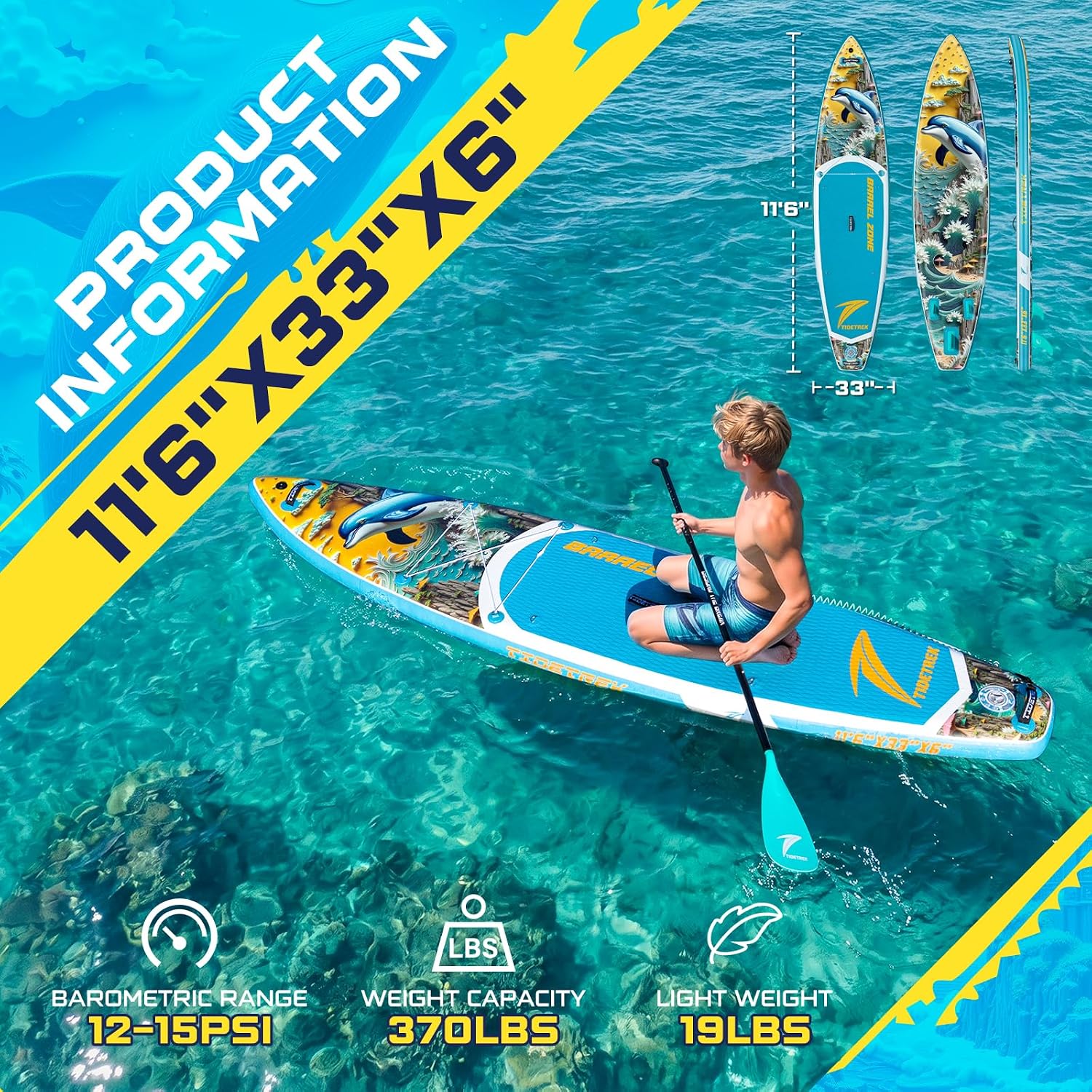 Detalle de TIDETREK Inflatable SUP 11'/11'6" x 33/34" x 6" – Extra-Wide, Stable with Premium Accessory Set