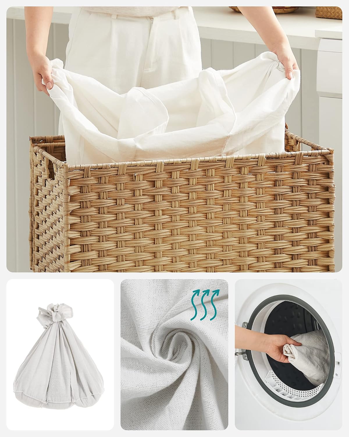 Detalle de SONGMICS LCB363N01 wasmand met rotanlook, deksel en afneembare waszak