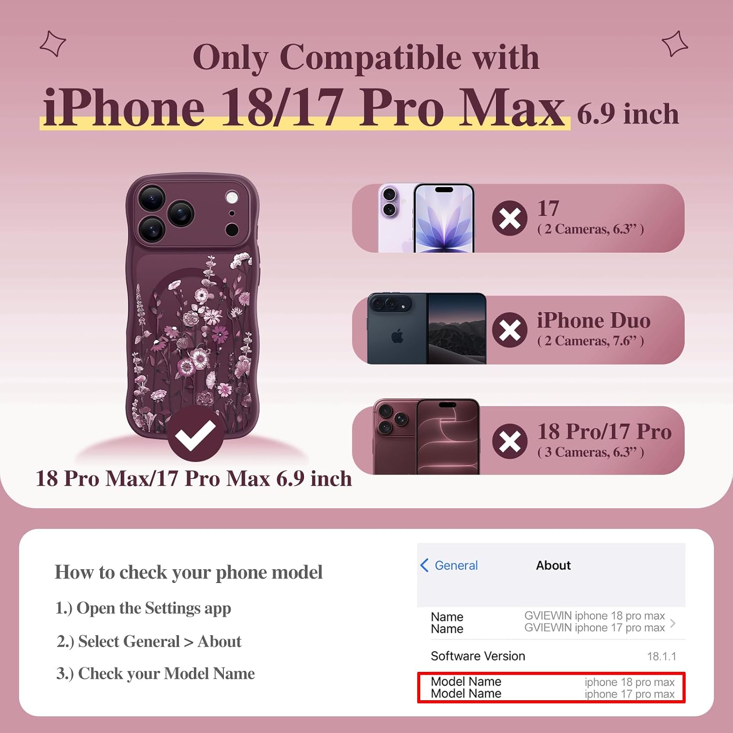 Detalle 2 de GVIEWIN Floral Translucent MagSafe Case for iPhone 17 Pro Max (Curly Wave Edge) – Full Camera Protection