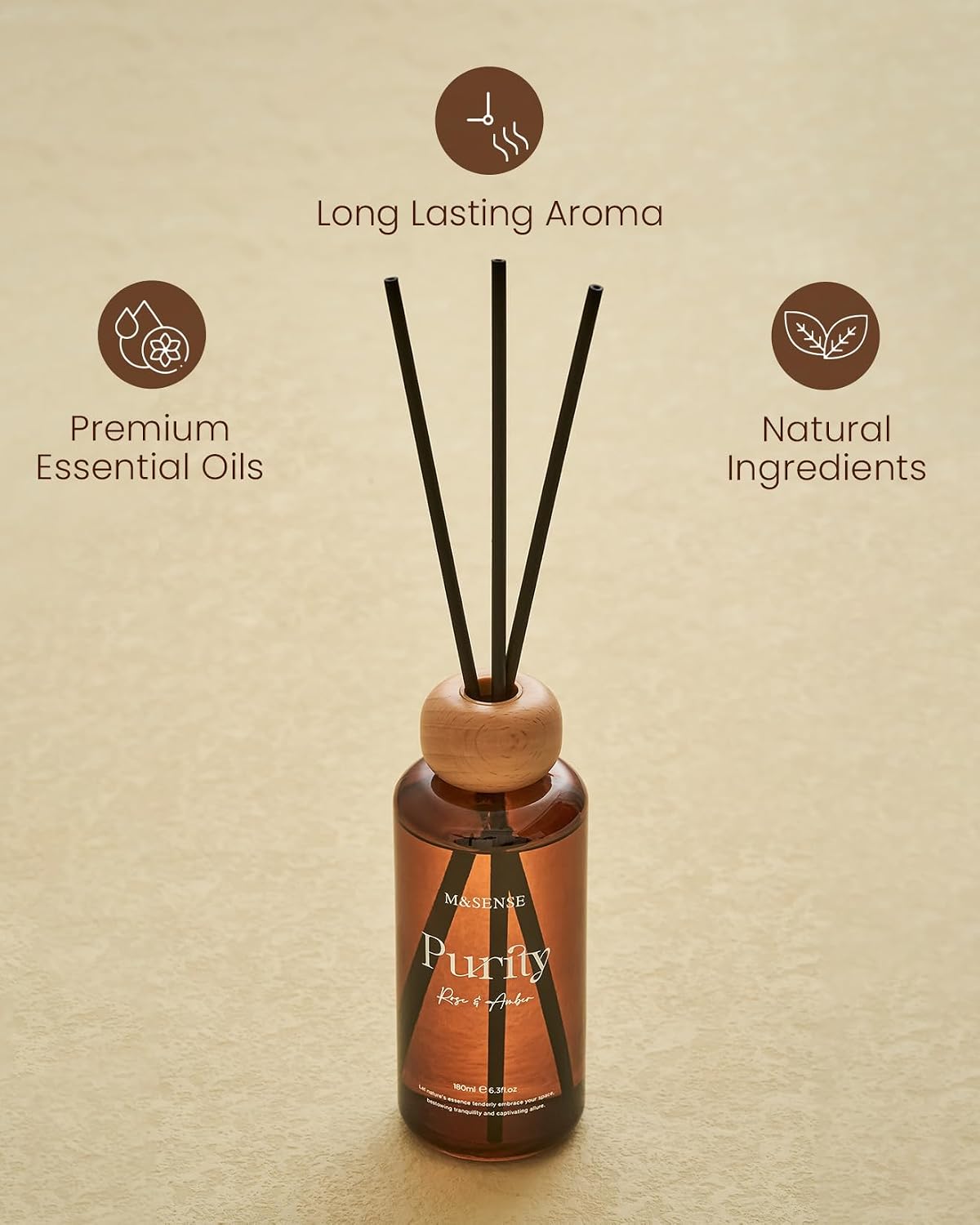 Detalle 1 de M&SENSE MSRD0408 RoseAmber Reed Diffuser, 180 ml Amber Glass, 7 Sticks