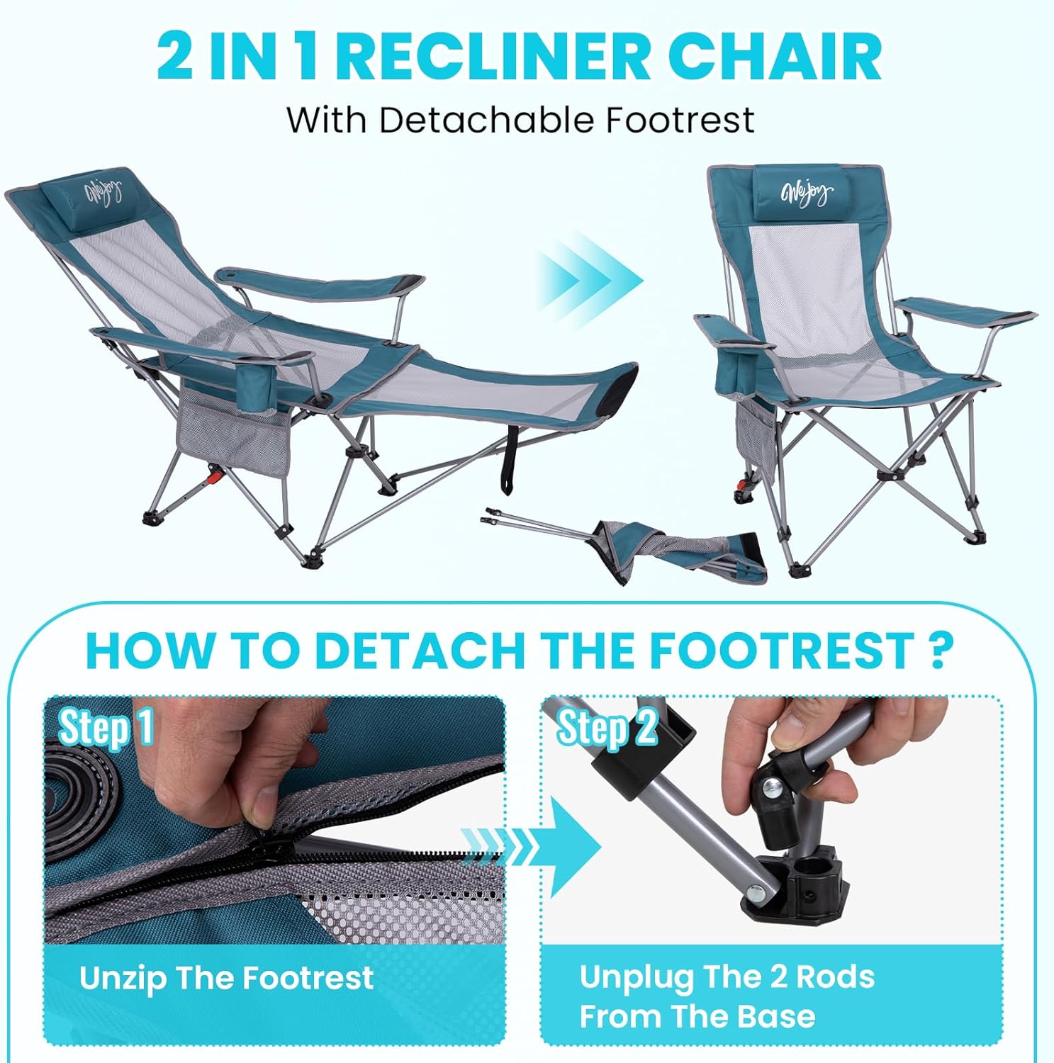 Thumbnail 3 de #WEJOY Reclining Camping Chair with Footrest, 4-Position Adjustable (180kg capacity) and Headrest