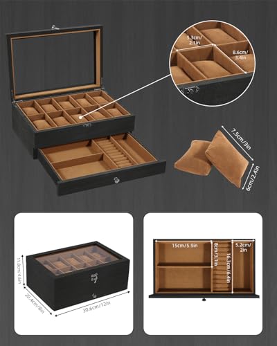 Detalle 2 de Scatola Porta Orologi Uten a 10 Scomparti, 2 Livelli in Legno di Paulownia con Coperchio in Vetro