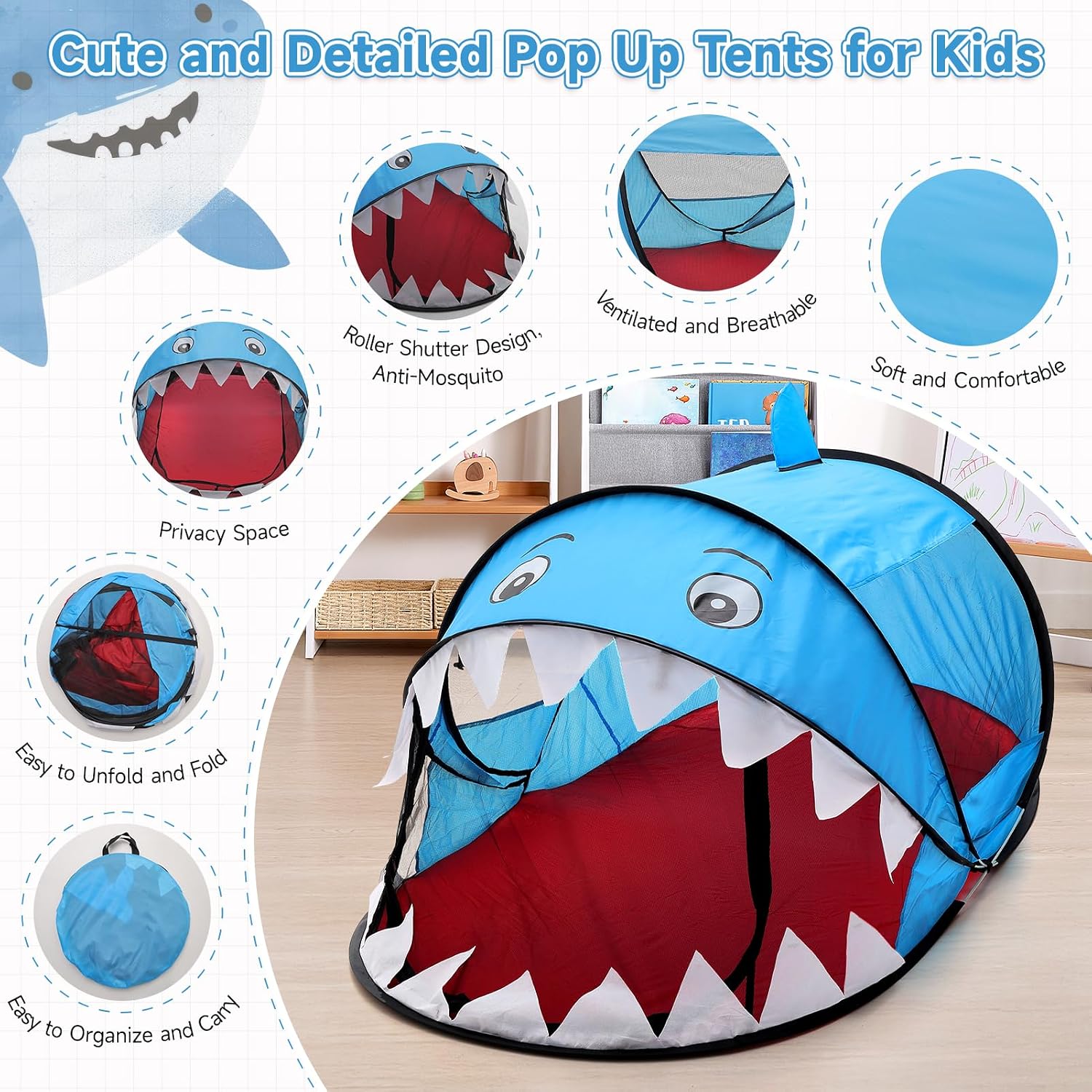 Detalle de BTGGG Kids Pop Up Tent (Blue Shark) – foldable play tent for toddlers 2–4 years, indoor & outdoor