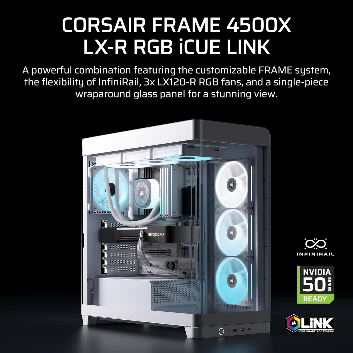 Detalle de Corsair Frame 4500X LX-R RGB LINK mid-tower PC case (InfiniRail, panoramic glass, 3x LX120R fans) – White