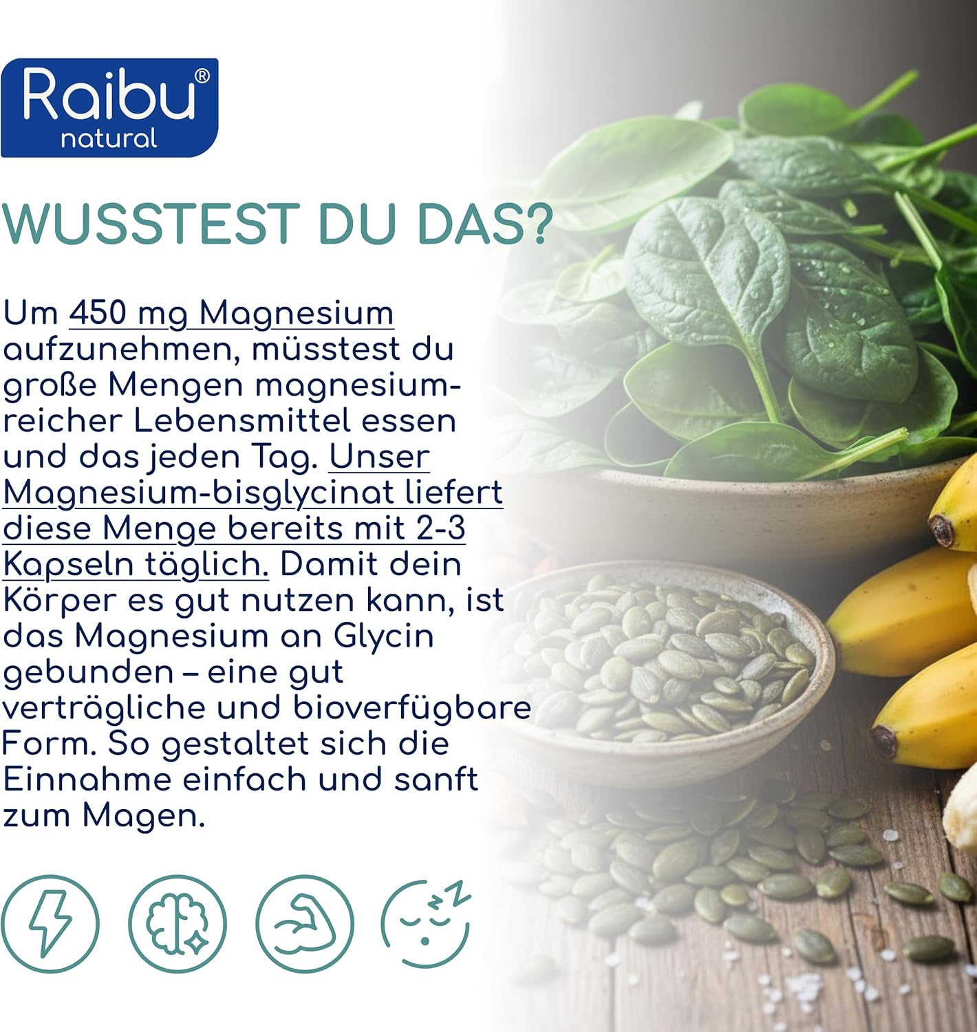 Thumbnail 3 de RAIBU Magnesiumbisglycinat Kapseln – 450 mg Magnesiumelementar pro Tag, 240 Kapseln