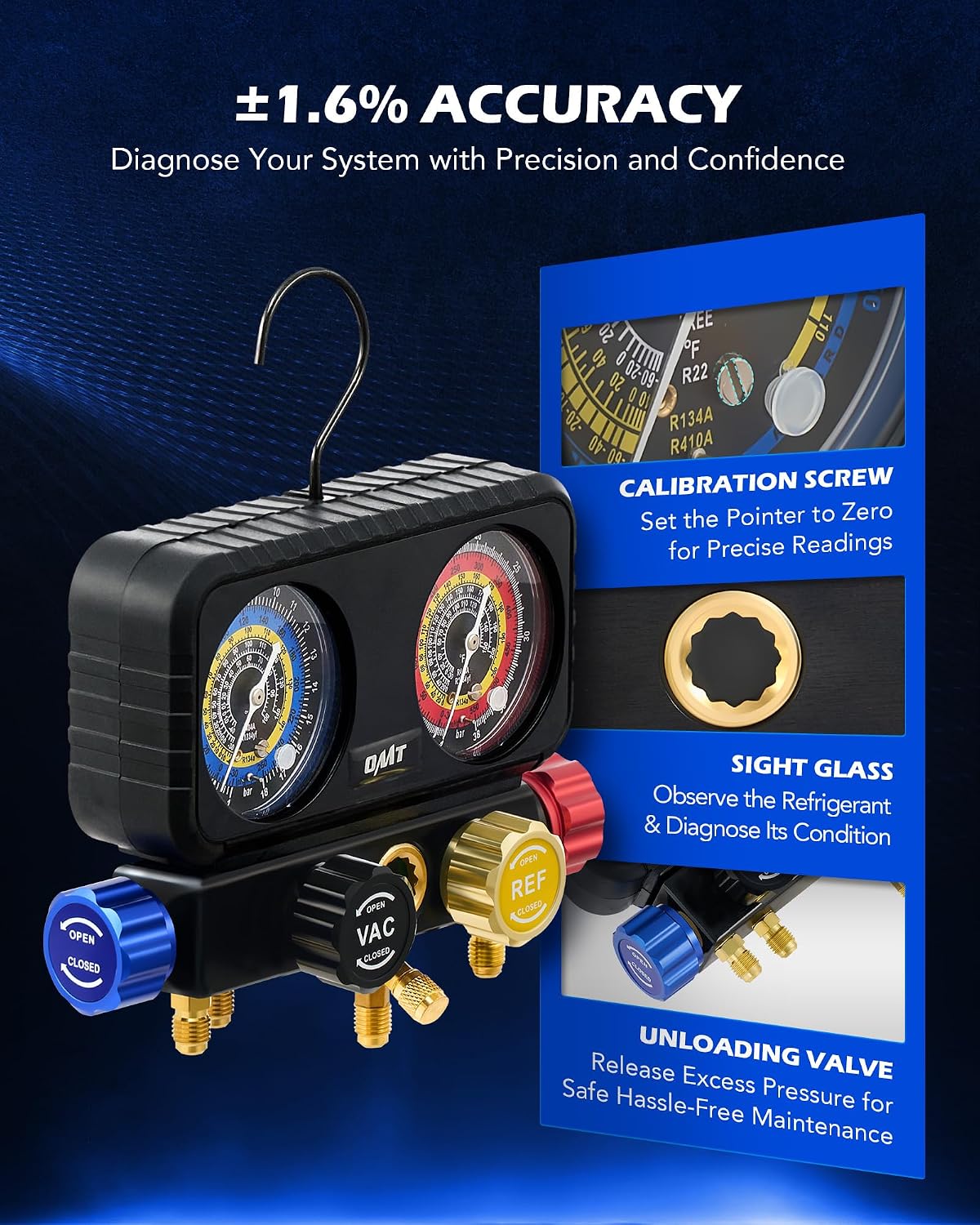 Thumbnail 4 de Orion Motor Tech R1234yf 4-Way AC Gauge Set with Hoses, Quick Couplers, and Self-Sealing Can Taps