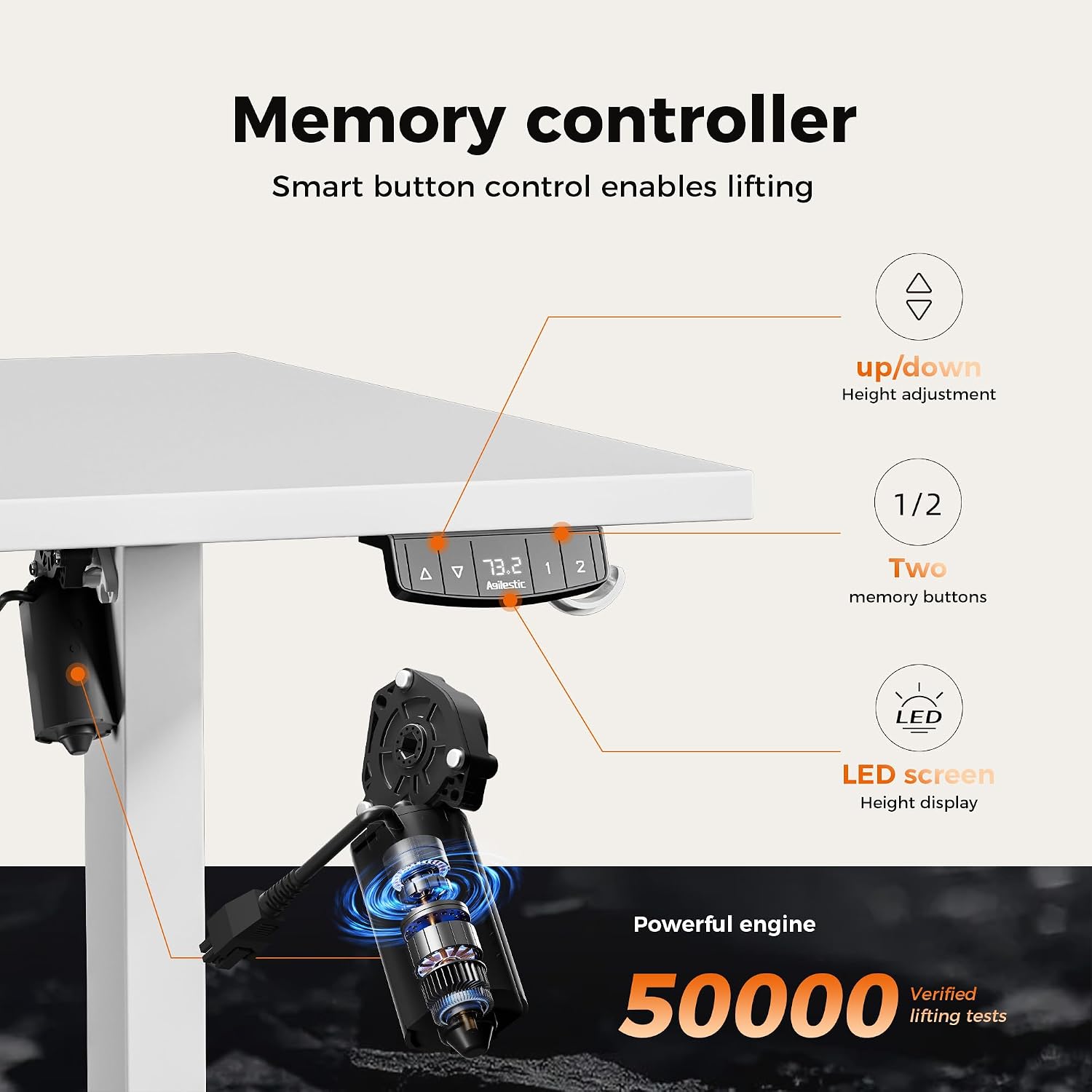 Thumbnail 6 de Agilestic Height-Adjustable Electric Desk (120x80 cm) with Memory Function, White