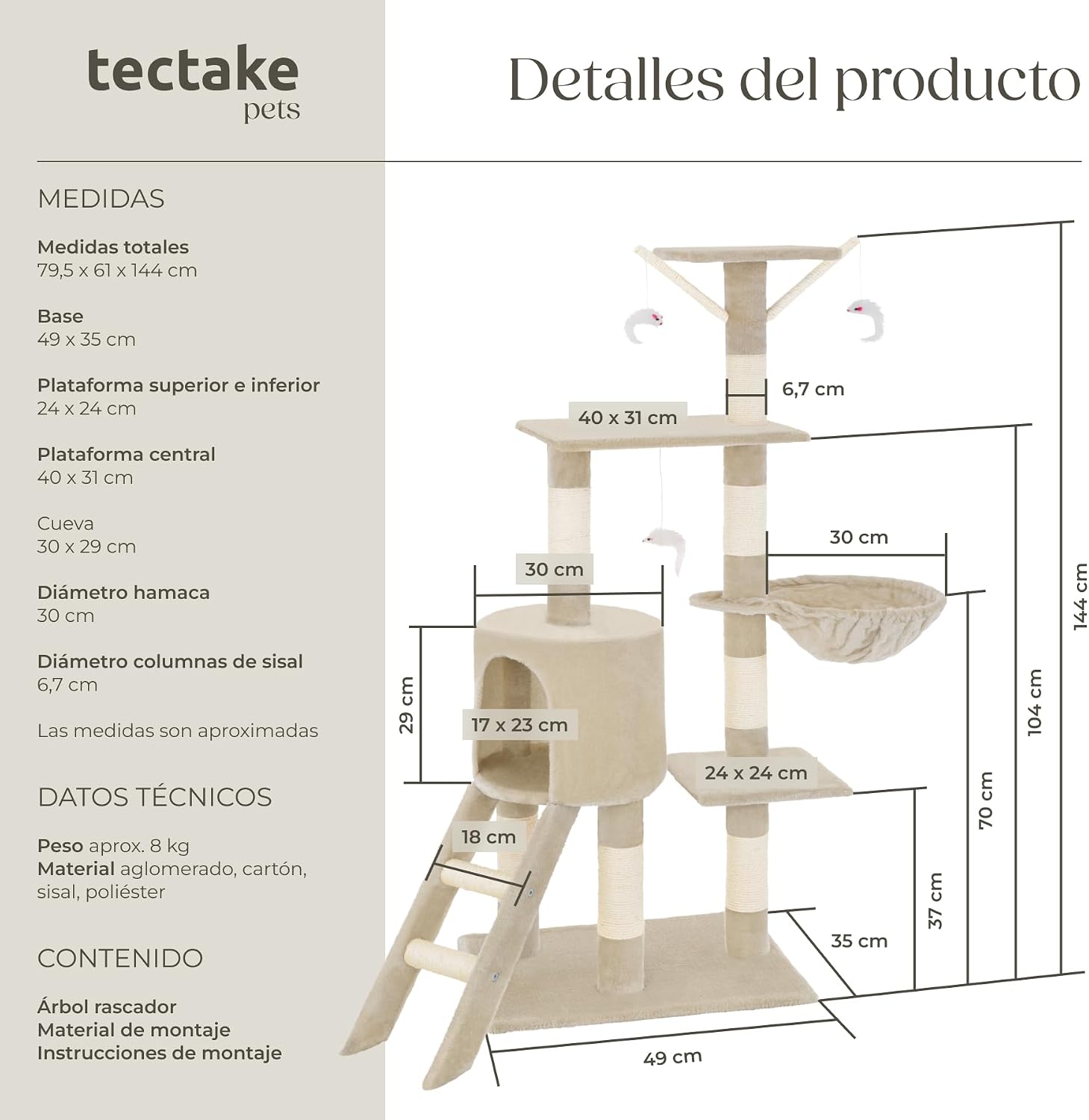 Thumbnail 6 de TecTake Árbol rascador para gatos 144 cm