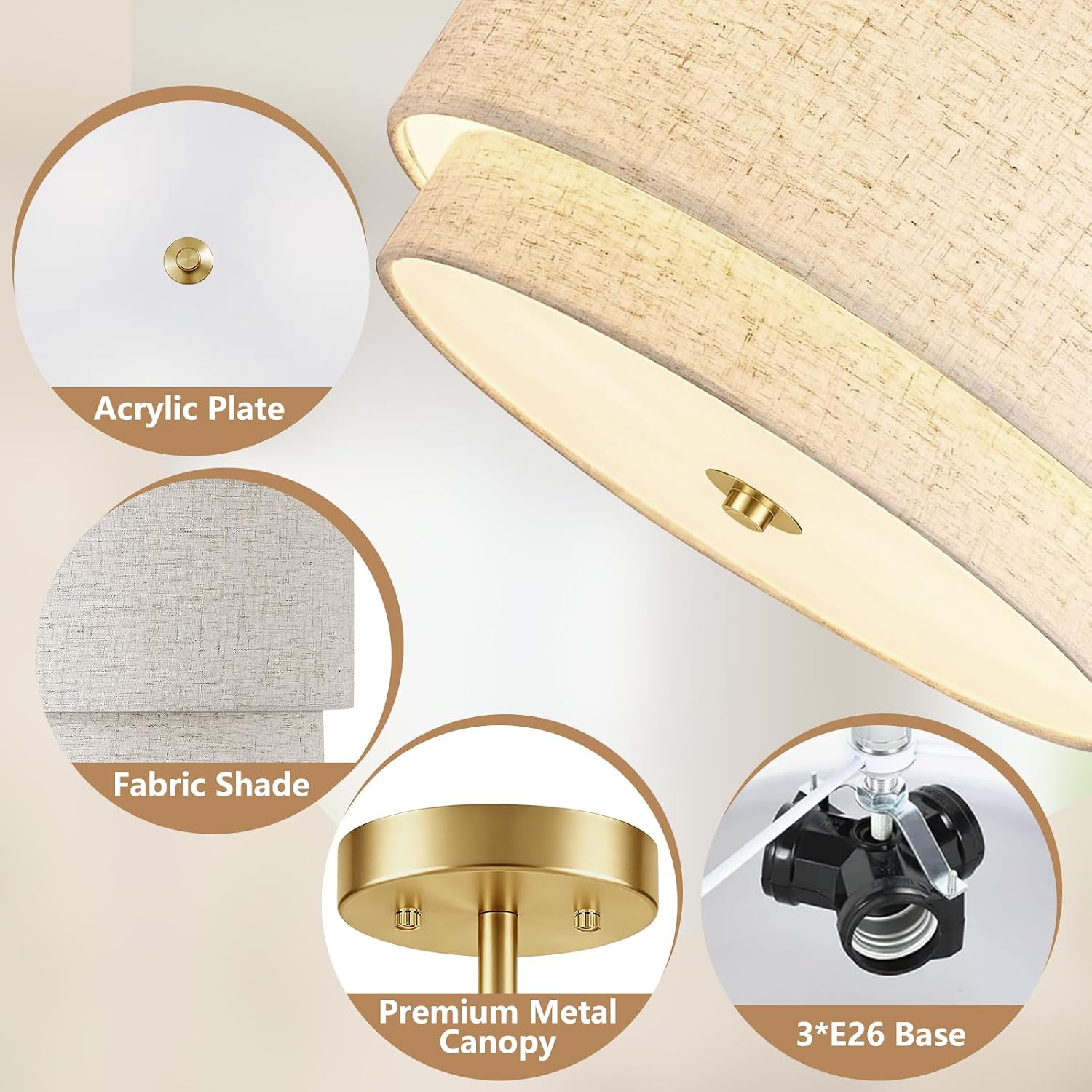 Thumbnail 6 de Lanburch ceiling light 05 Semi-Flush Mount, 12.6-Inch Linen Shade, 3-Light