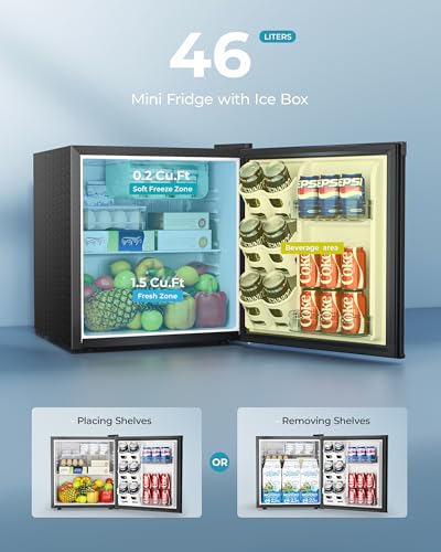 Detalle 2 de EUHOMY 46L Mini Fridge: Compact Table Top Fridge with Reversible Door, 7-Level Thermostat and Quiet Performance