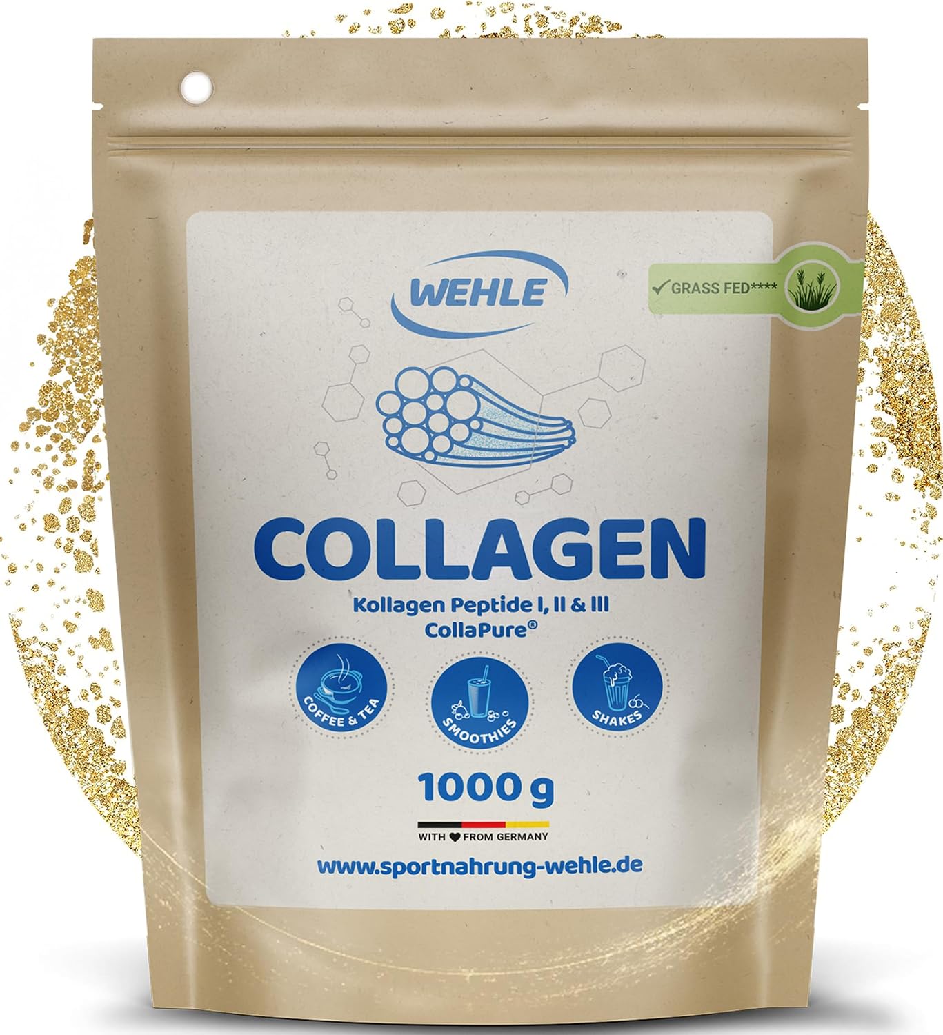 Detalle de Wehle Sports Collagen Pulver 1 kg – Kollagenpeptide Typ I, II & III, geschmacksneutral