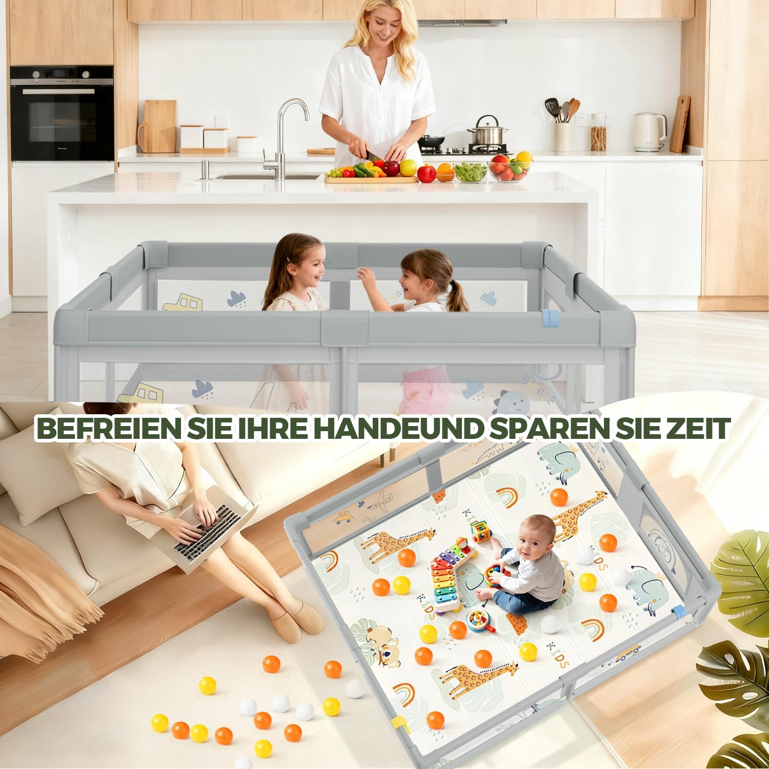 Thumbnail 5 de SOFTHOM Box Bambini 180x200 con tappeto, rete 360° e 60 palline – recinto per bimbi con laterali a zip