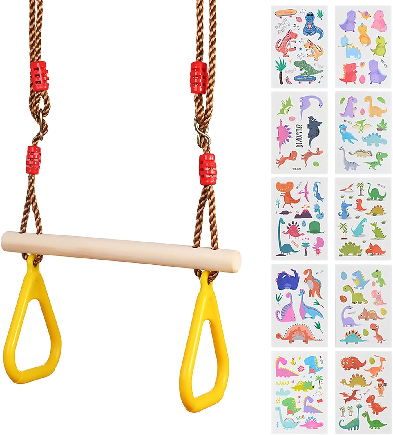 Detalle de GOLDGE Trapez Schaukel Holz – Outdoor Schaukel mit Turnringen, Dinosaurier-Aufklebern und verstellbarem Seil