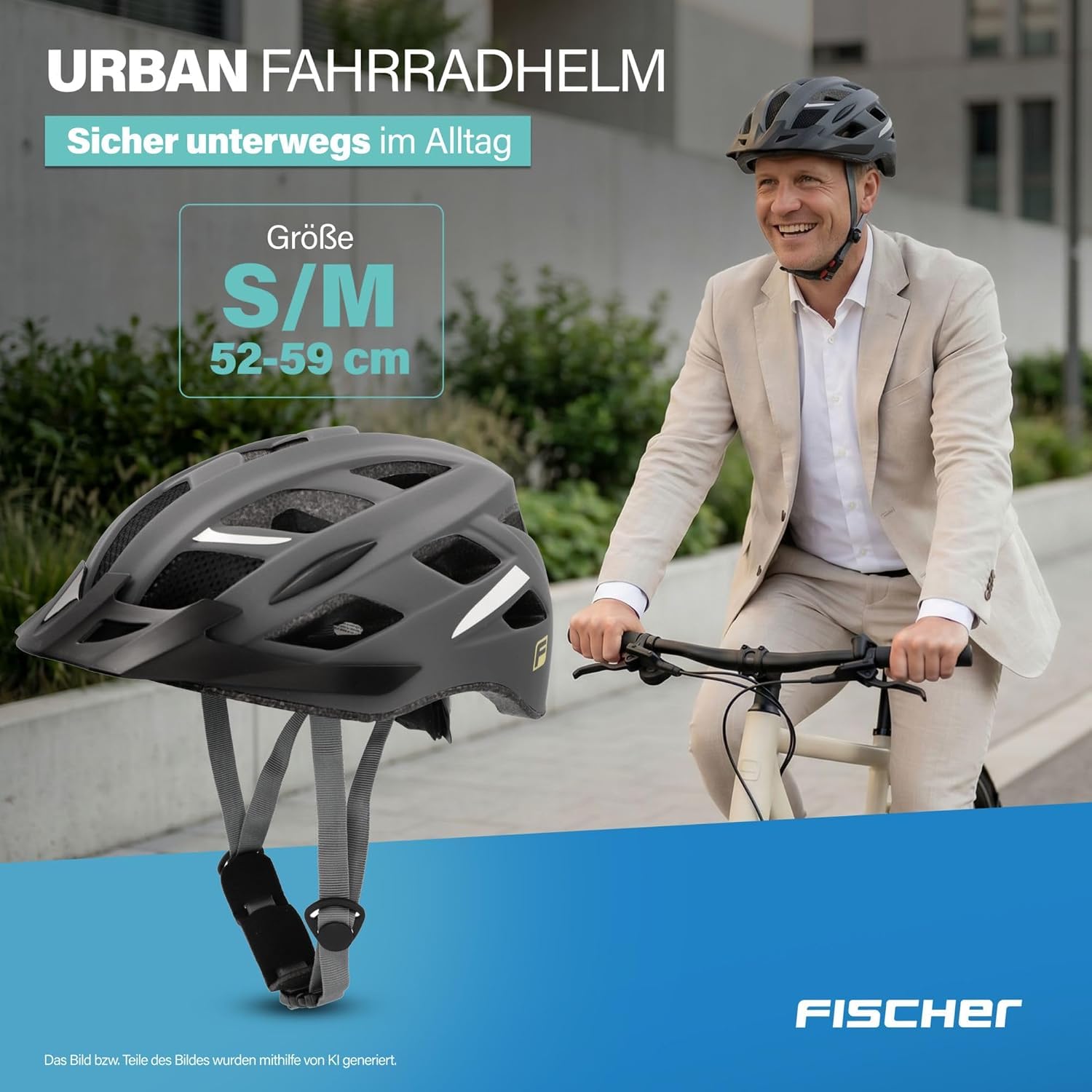 Detalle 2 de FISCHER Erwachsenen Fahrradhelm Urban Levin S/M 52–59 cm grau – mit beleuchtetem Innenring-System