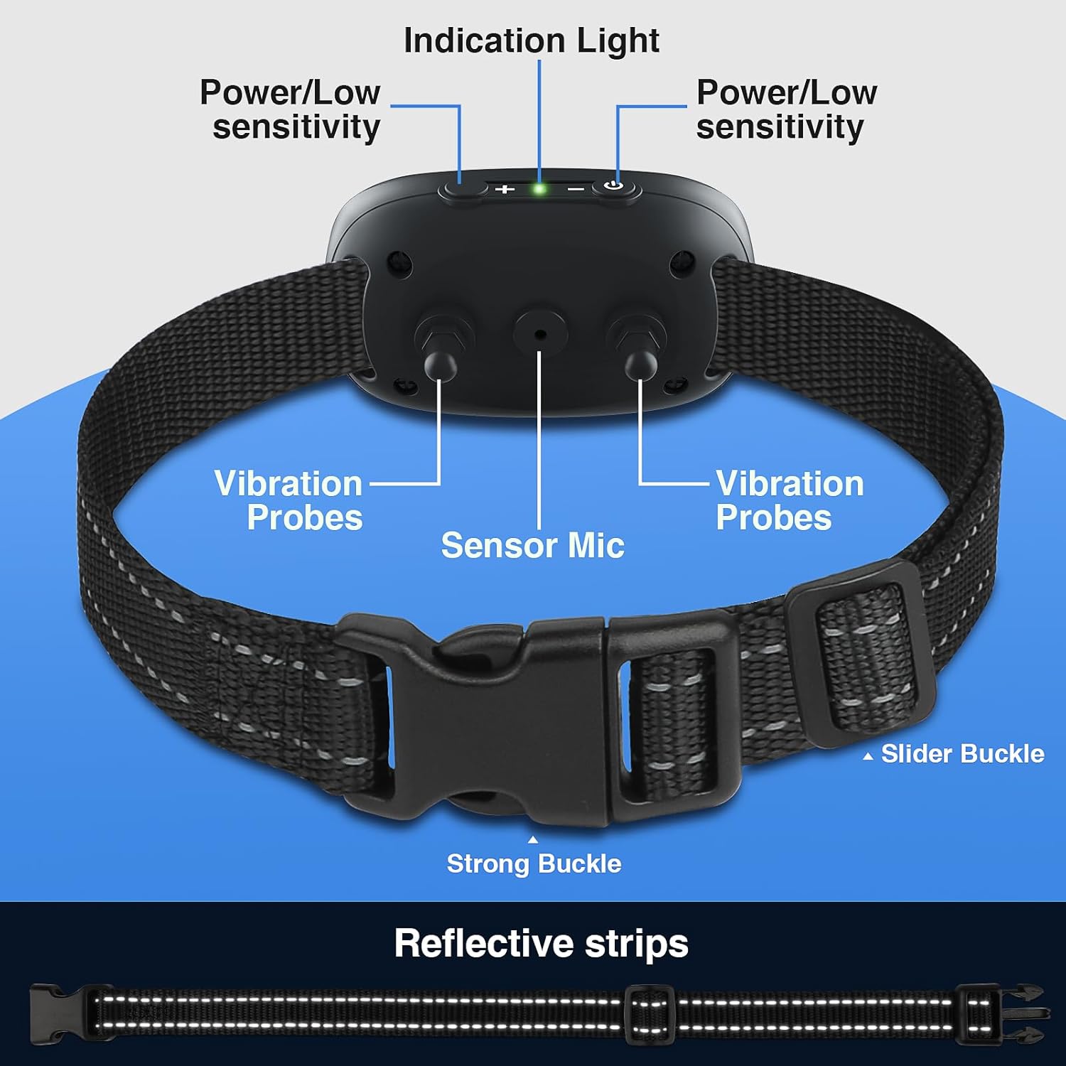 Detalle 2 de MASBRILL Collier Anti-Aboiement 2 modes (son + vibration) – réglable, 7 niveaux de sensibilité