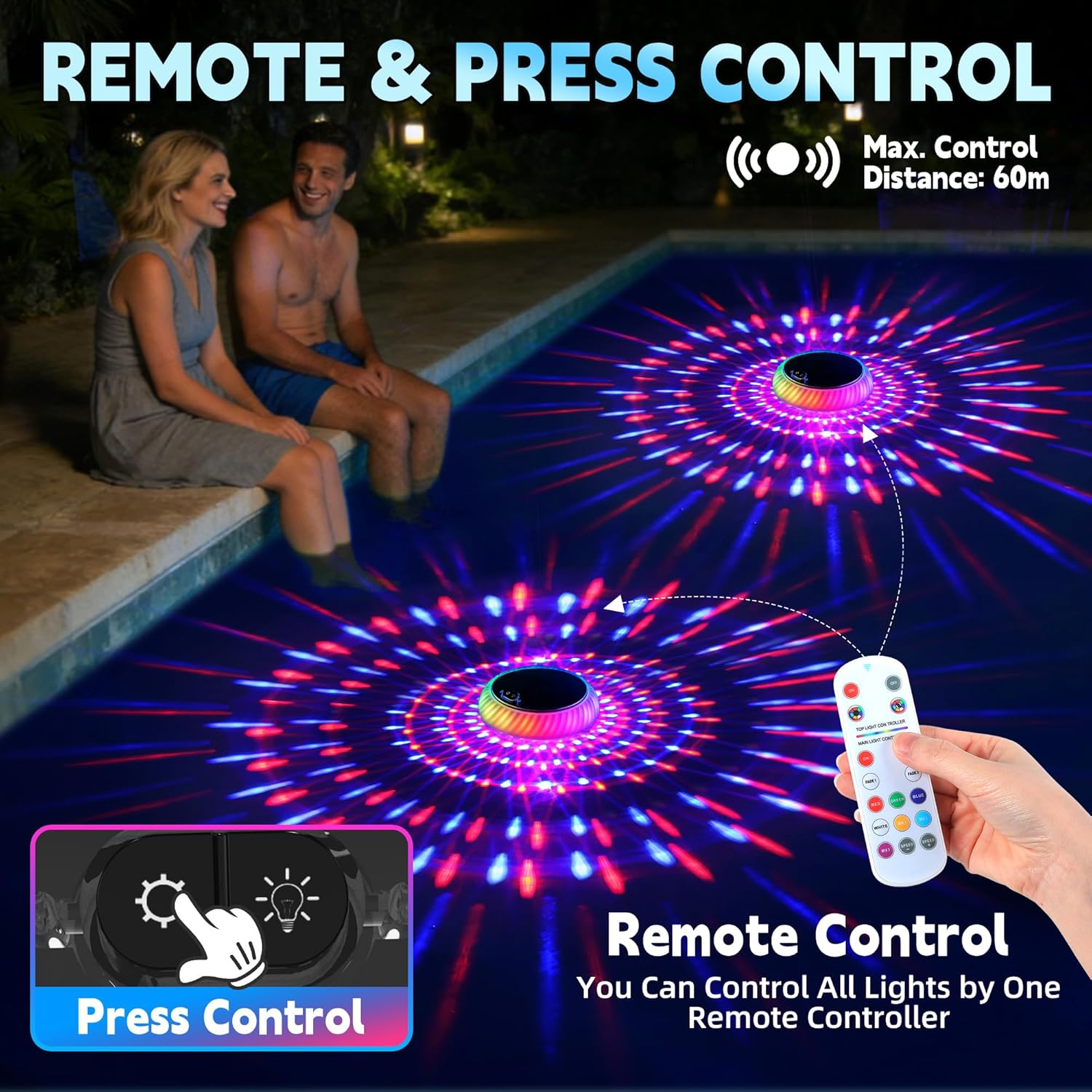 Detalle de AearKing Lumière Piscine Flottante avec Télécommande — Éclairage LED RGB Solaire IP68