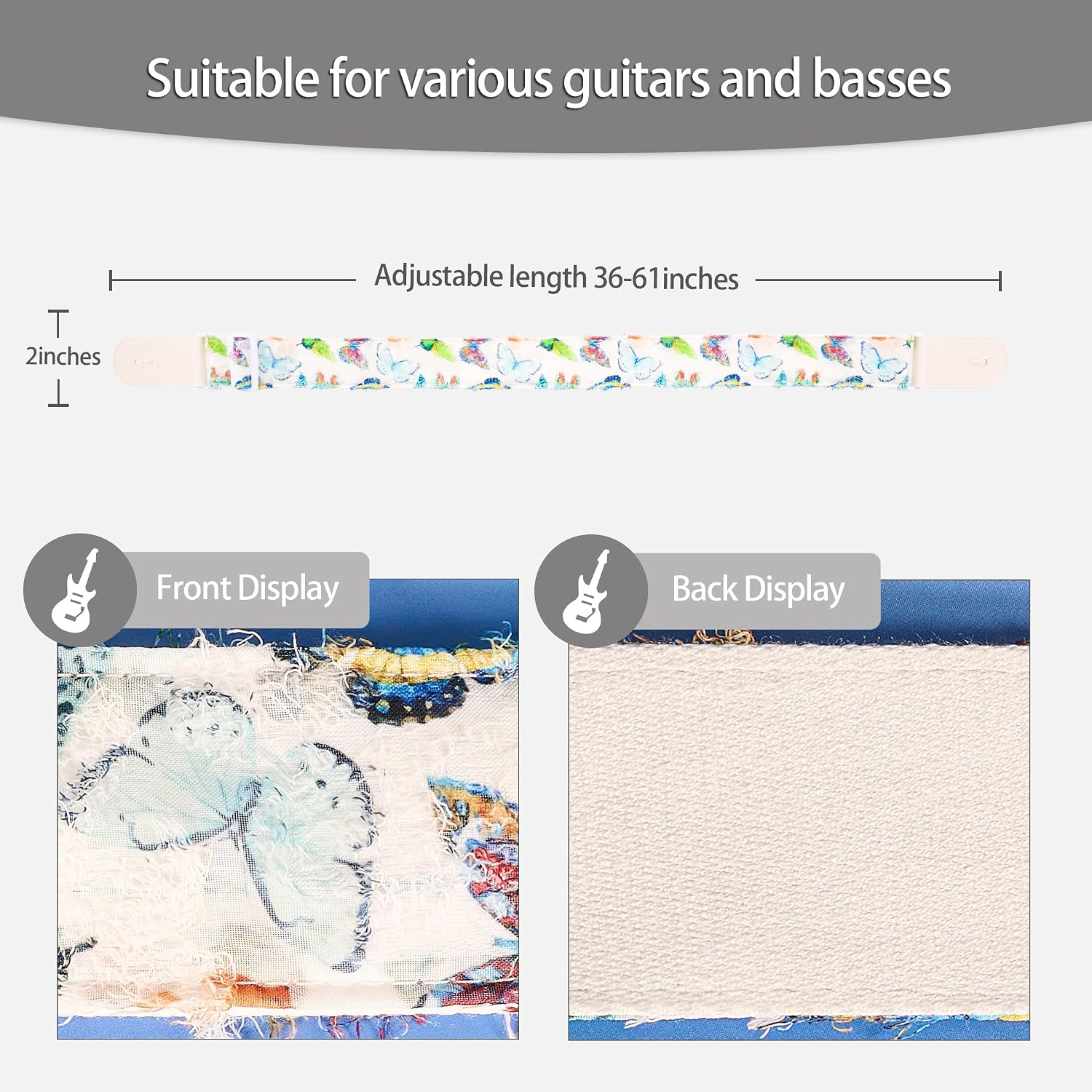 Detalle de chushui 2-Inch Guitar Strap with Butterfly Print, Cotton Padding, and Adjustable Length