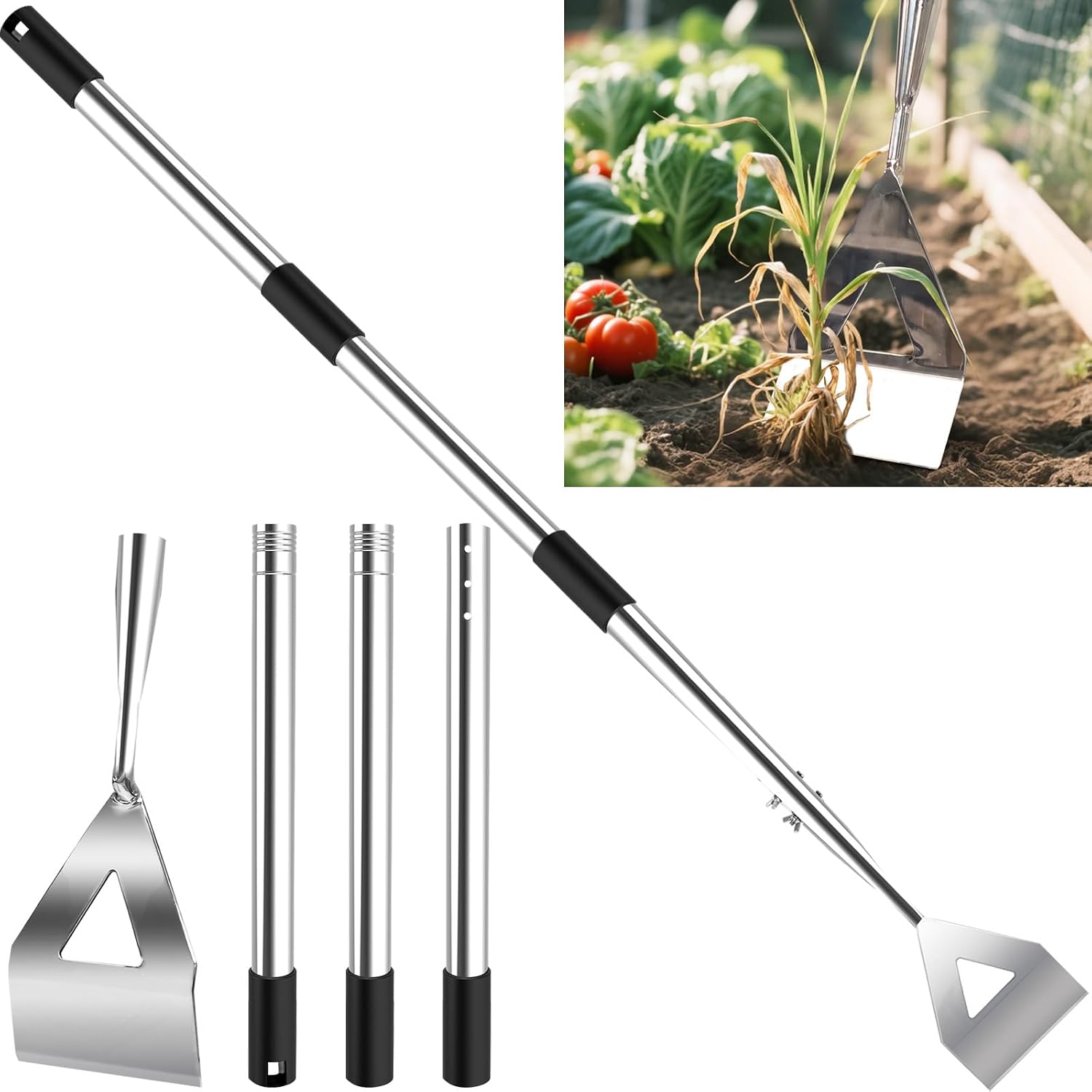 Detalle de Dutch Hoe 140cm Stainless Steel Garden Digging Tool – Long-Handled Weeding and Soil Digging Master