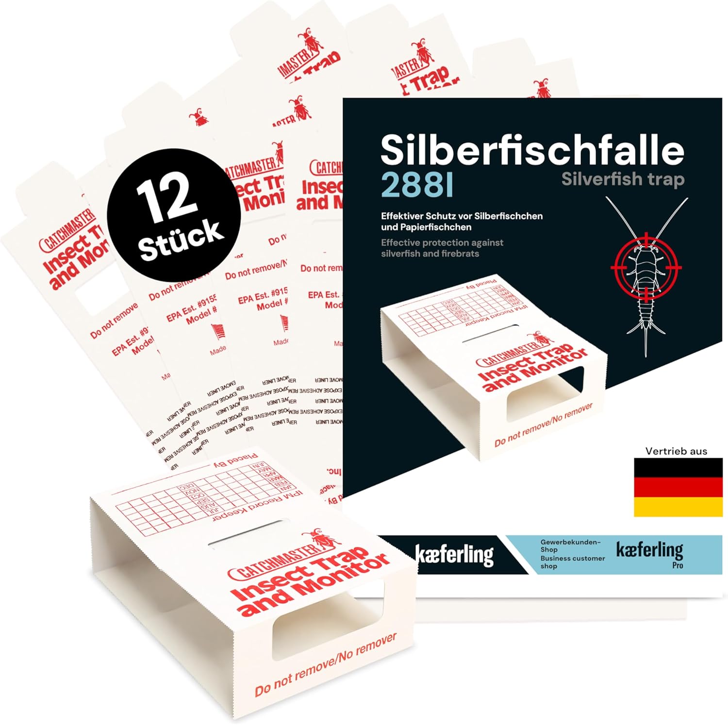 Catchmaster 288i – 12x Monitoring-Klebefallen gegen Silberfische, 4 Blatt à 3 Fallen, 100% giftfrei