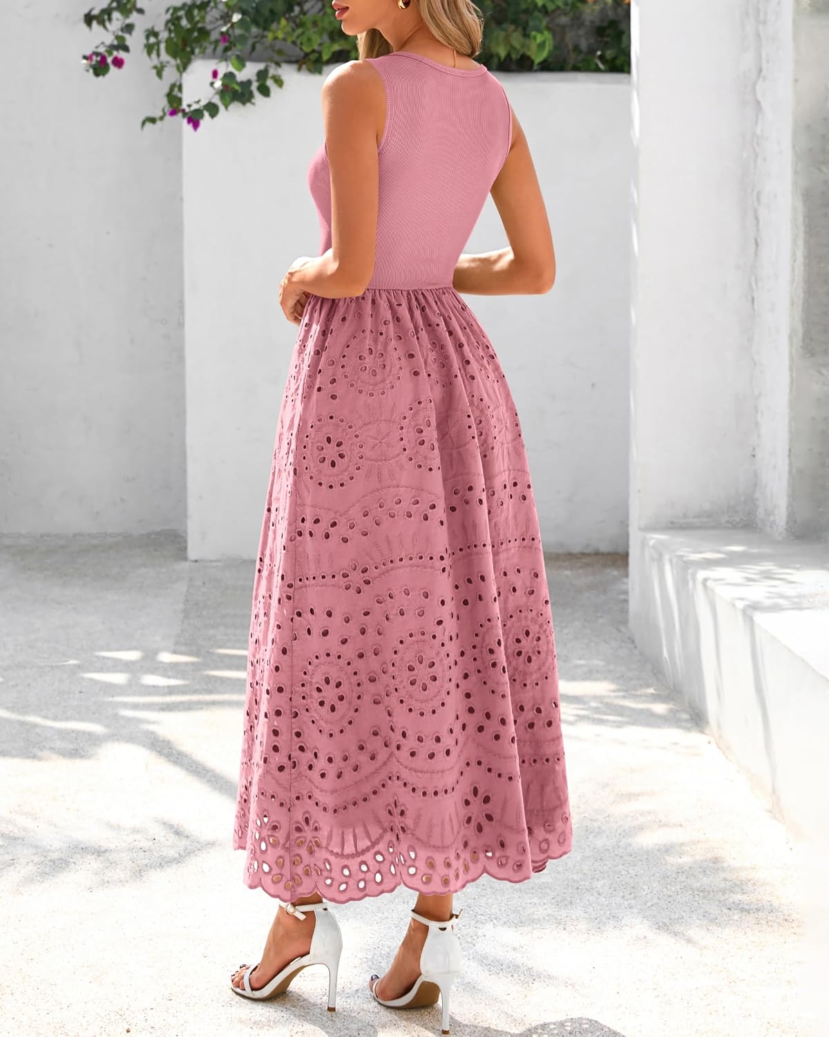 Detalle de Dowerme 2026 Boho Lace Eyelet Maxi Dress with Pockets – Sleeveless Crewneck A-Line