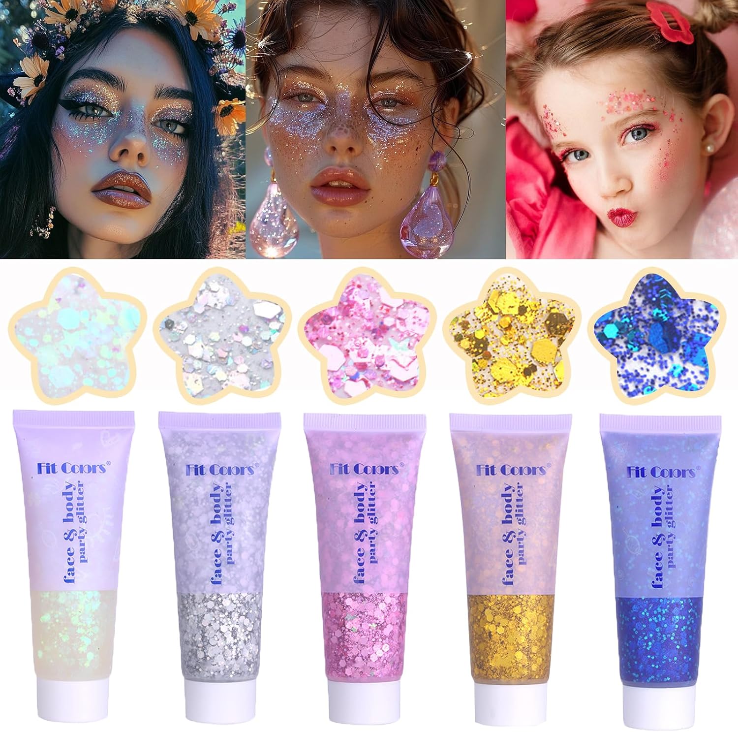 Detalle de Prehot G-001 Chunky Face and Body Glitter Gel, Five-Color Sequins