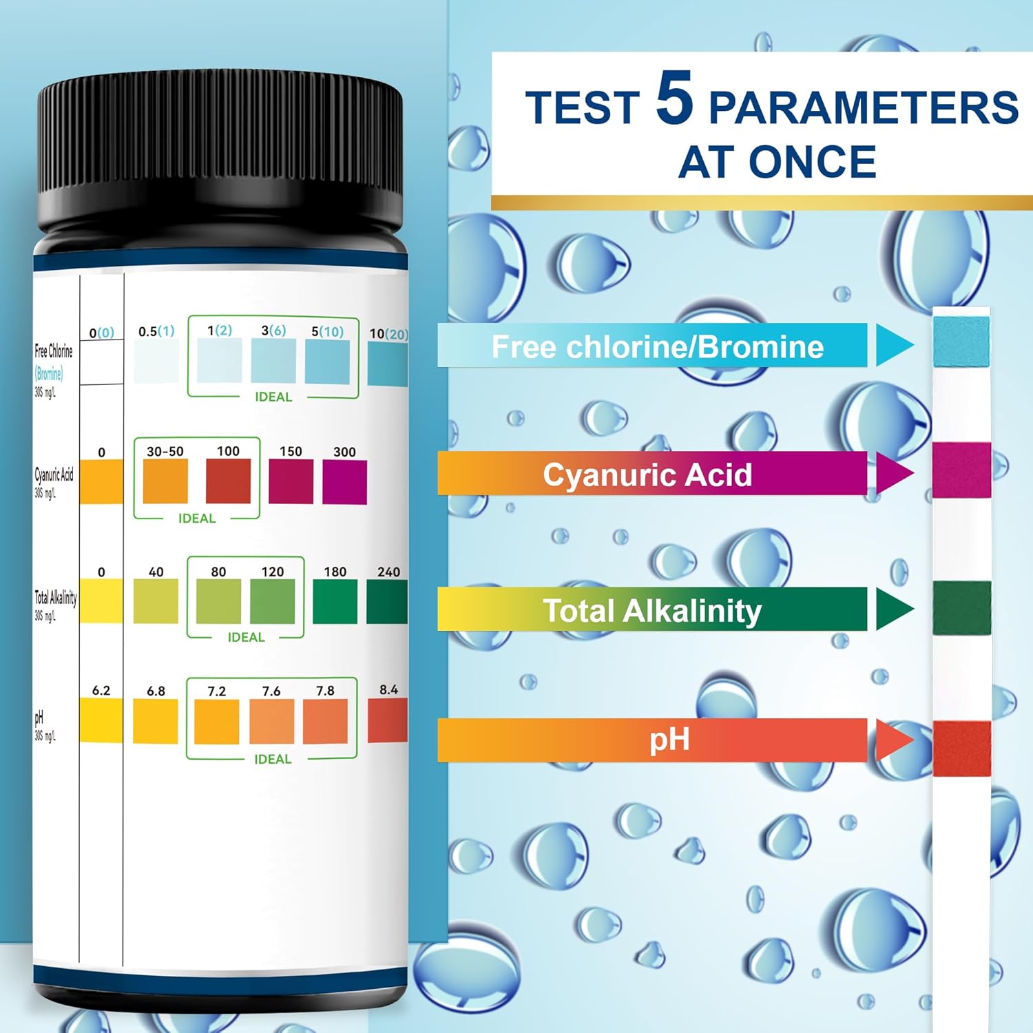 Thumbnail 1 de Pool Test Strips (100 Strips) for Total Alkalinity, pH, Free Chlorine/Bromine & Cyanuric Acid