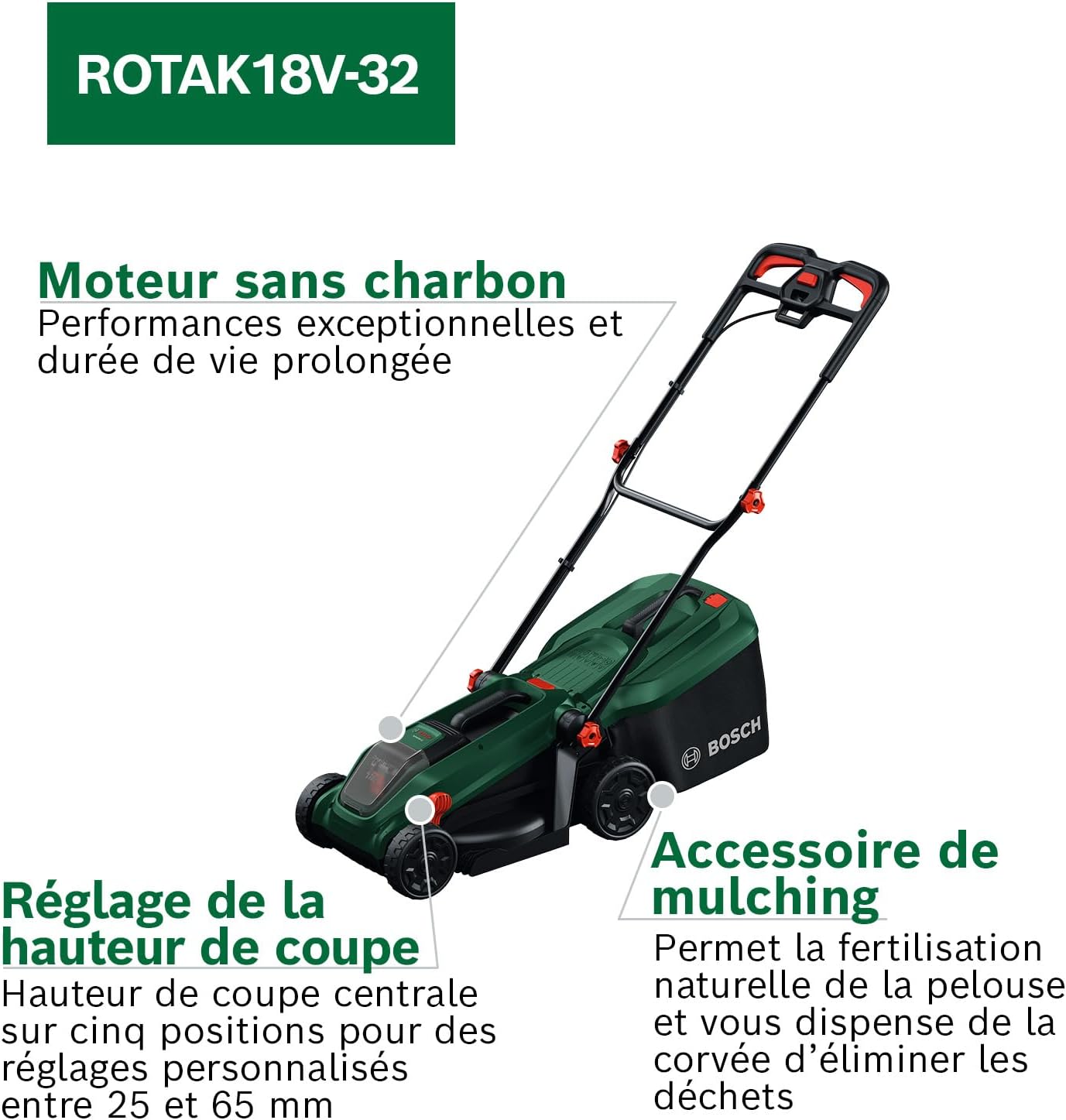 Thumbnail 2 de Bosch Tondeuse à Gazon sans-Fil ROTAK18V-32 — 32 cm, mulching, 18V, 4,0Ah