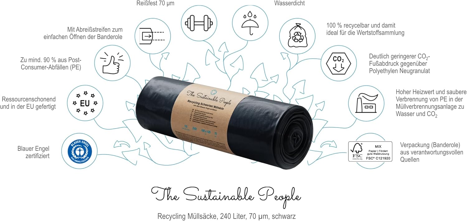 Thumbnail 1 de TSP Schwerlast Müllsäcke 240L – 10er Rolle, Blauer Engel, 70 μm, 1000×1250 mm