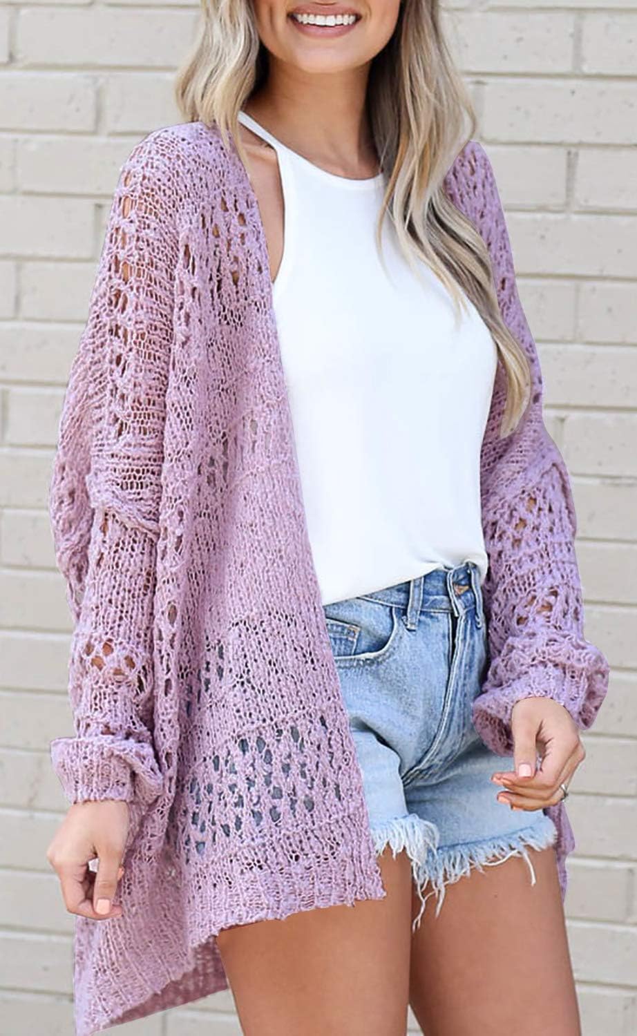 Thumbnail 1 de Mafulus Women's Crochet Cardigan Kimono Boho Long Sleeve Lightweight Soft Oversized Open Front Knitted Sweater