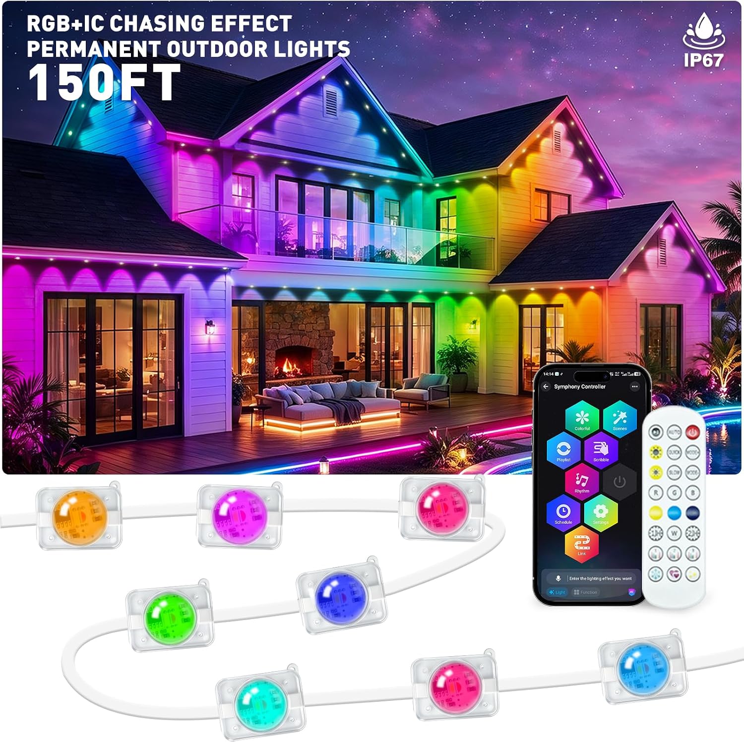 Detalle de HCMTGW 150FT Permanent Outdoor RGB+IC LED Eaves Lights with App and Remote