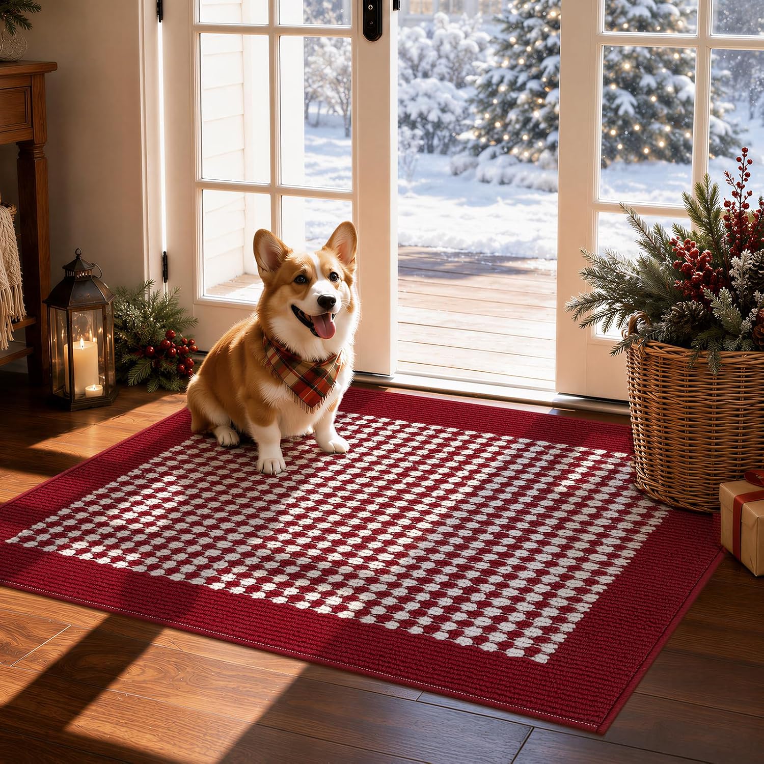 Ileading 2x3ft Christmas Door Mat, Washable Red Rug with Non-Slip TPR Backing