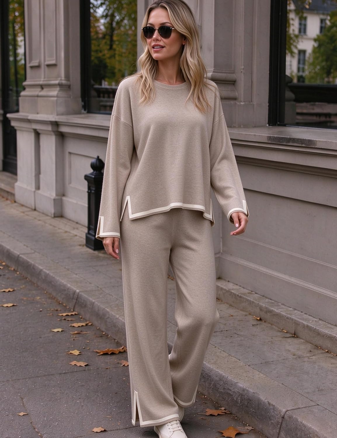 Detalle de Tanming W101112C Women's Knit Lounge Set with Long-Sleeve Top and Wide-Leg Pants