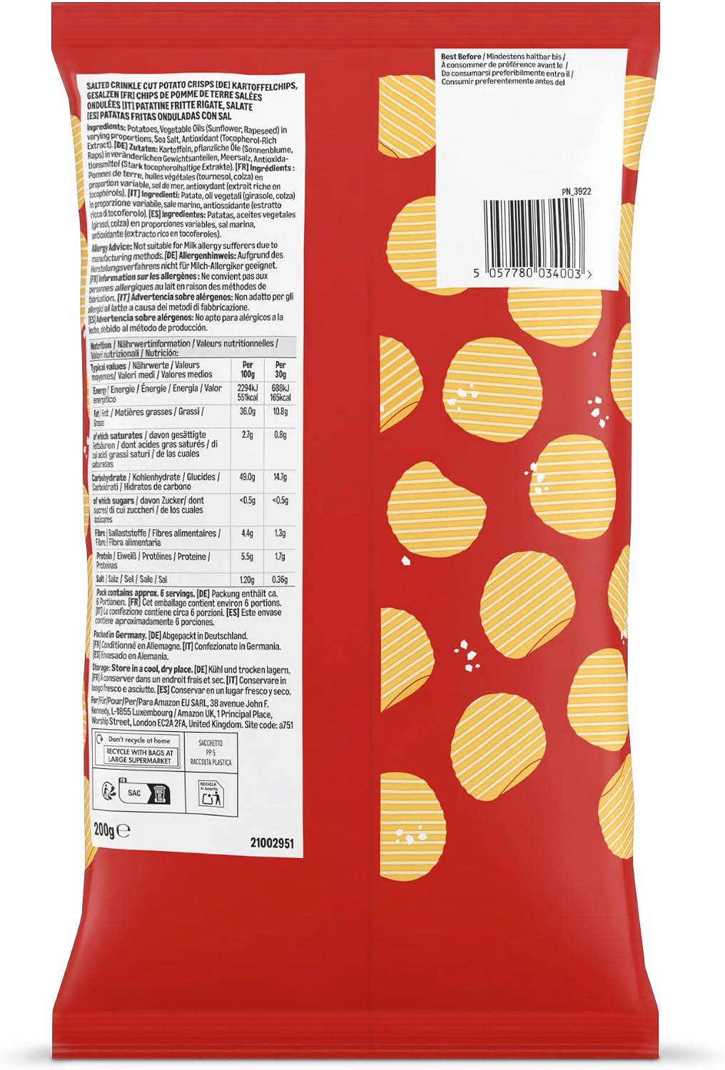 Detalle de By Amazon Patatine Fritte Rigate, Salate, 200 g: snack croccante e pratico