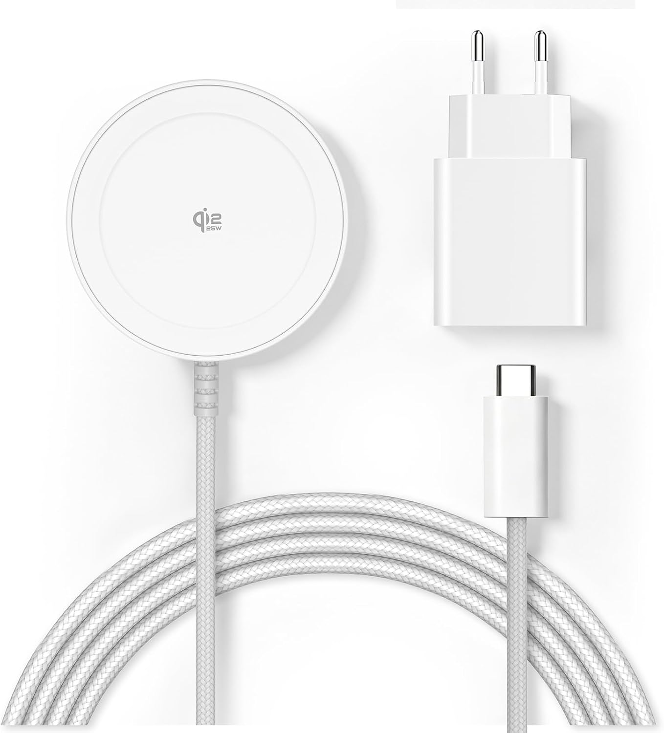 Detalle de Chargeur sans Fil magnétique Qi2 25 W avec câble 1,5 m et adaptateur 30 W – Magnétique Mag-Safe, compatible iPhone et Pixel