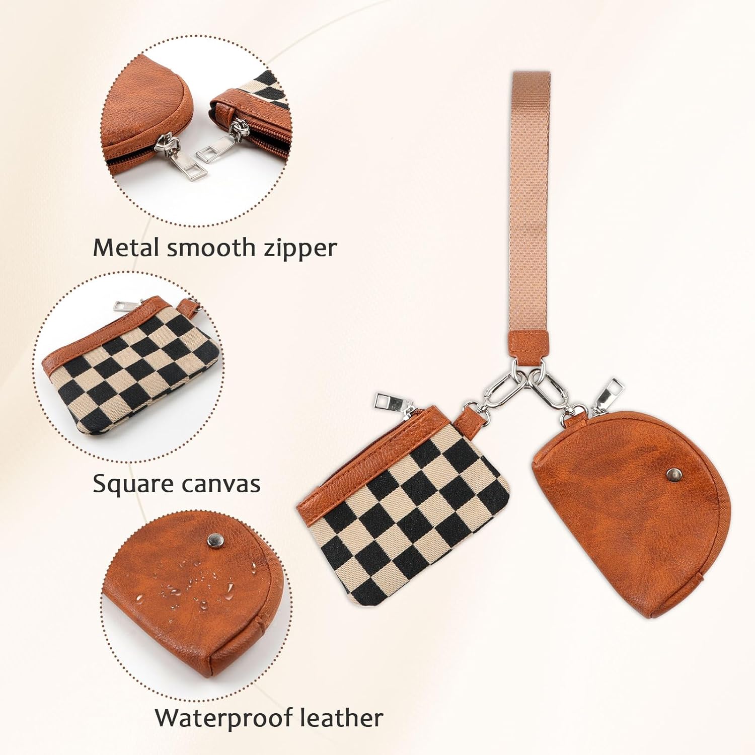 Detalle de Mini Wristlet Geldbörse mit abnehmbarem Armband (Canvas) – braun/beige Hahnentritt, für Damen & Herren