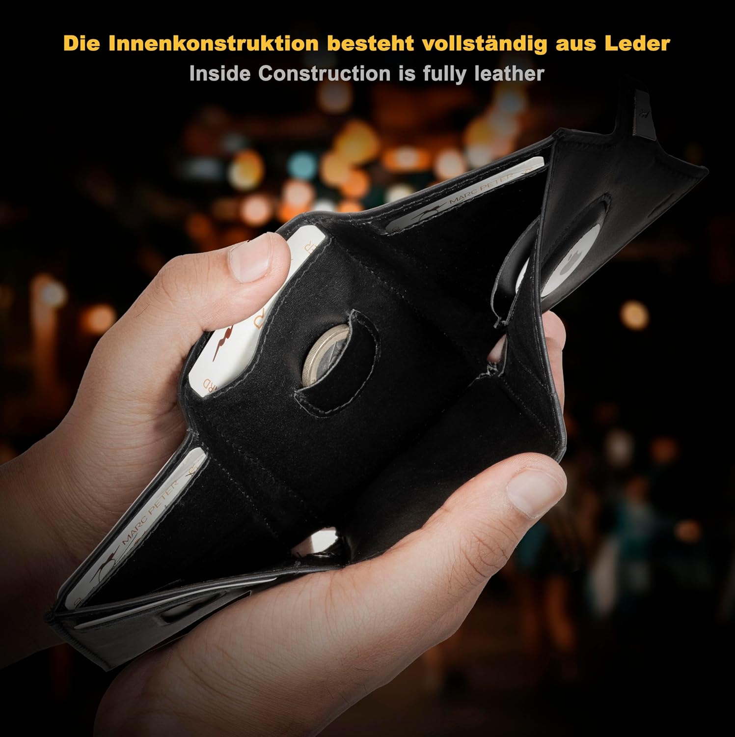 Detalle de Marc Peter Jupiter AirTag Leder-Geldbörse mit RFID-Schutz – Mini-Portemonnaie für bis zu 11 Karten