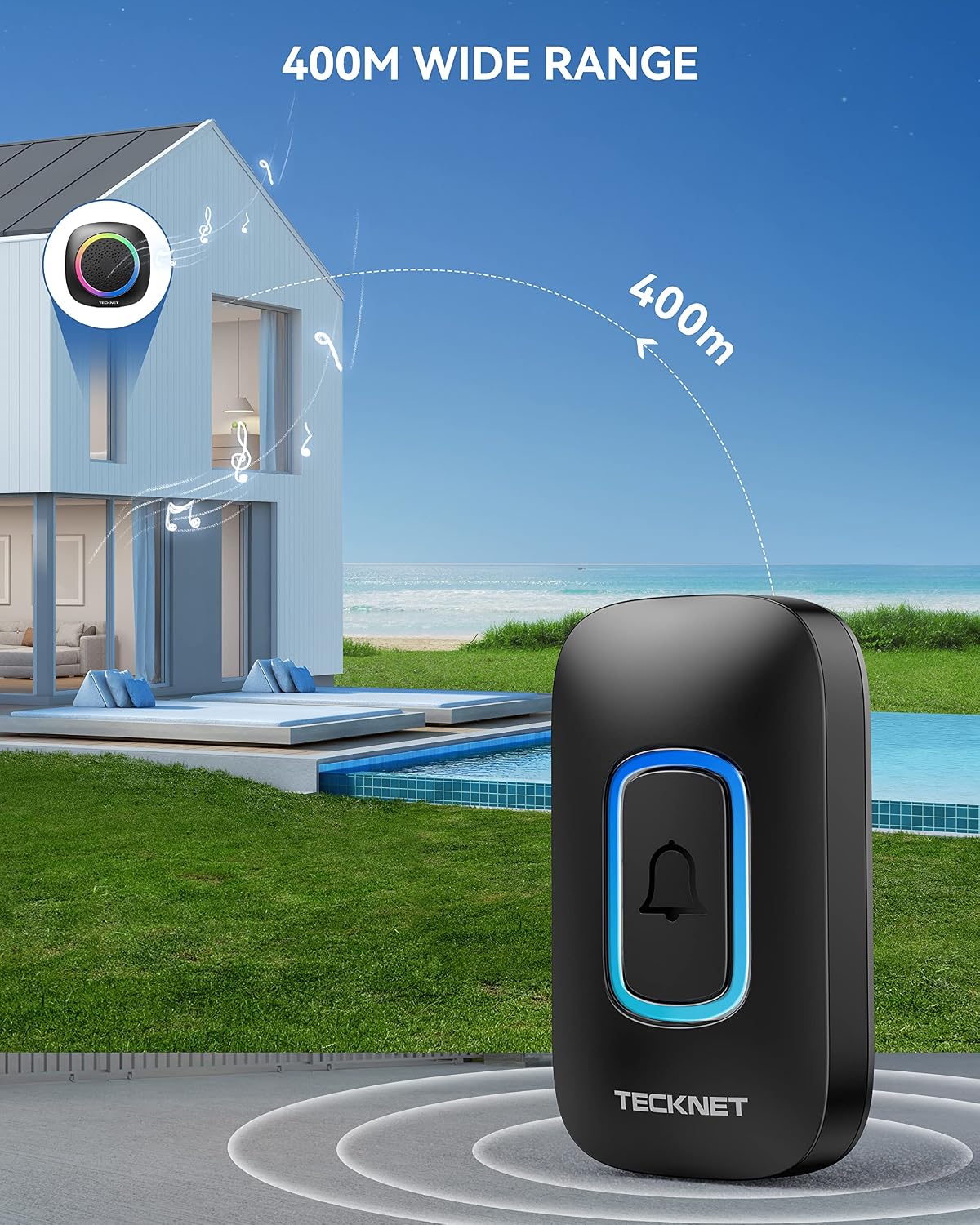 Detalle 2 de TECKNET Wireless Doorbell kit with RGB light, IP66 waterproof design and 110 dB volume