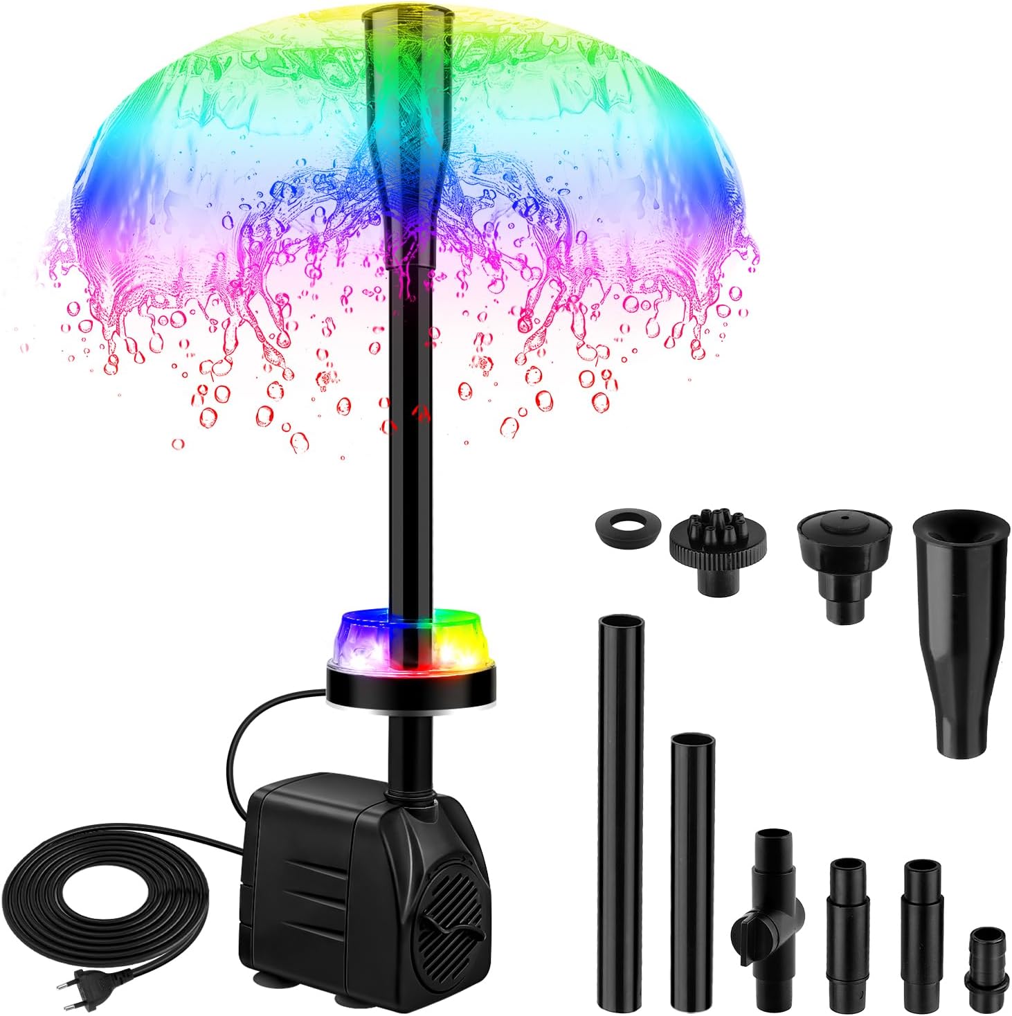 NATPOW Springbrunnenpumpe für außen mit LED (RGB), 800 l/h, 3 m Kabel und 3 Düsen