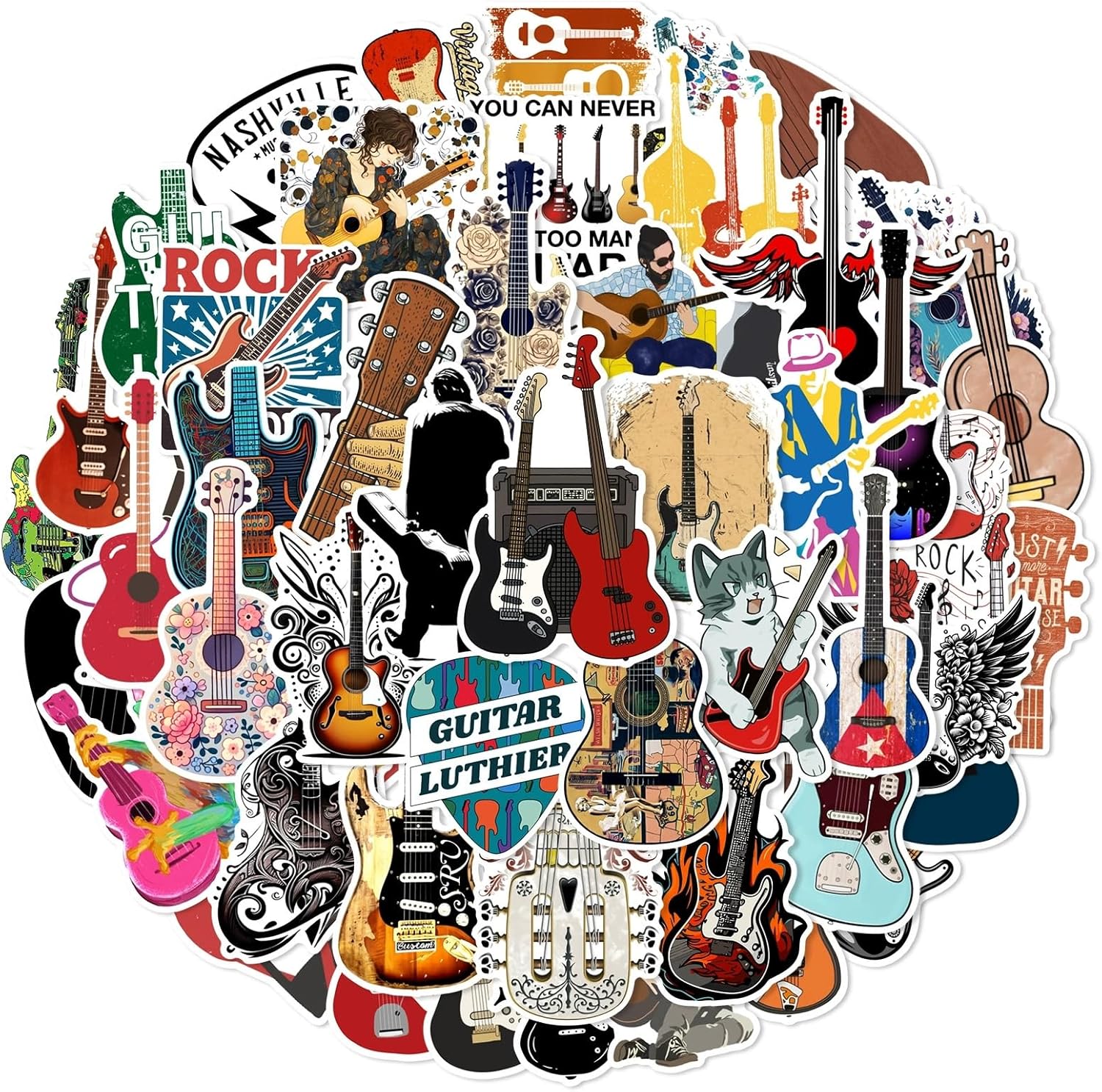Thumbnail 3 de 50 Stück Gitarre Aufkleber Pack – Wasserdichte Vinyl Sticker für Laptop, Wasserflasche, Auto, Fahrrad & mehr