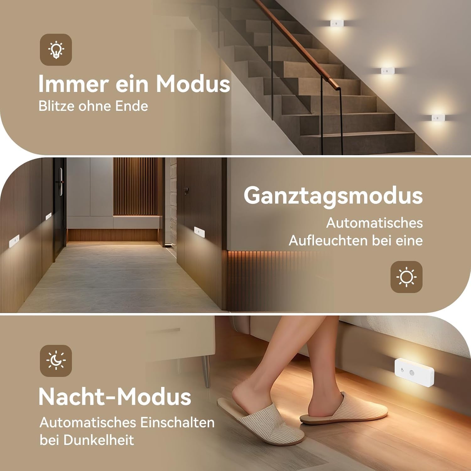 Thumbnail 2 de WUYOR Nachtlicht mit Bewegungsmelder für Treppe & Flur, wiederaufladbar, 3 Farbtemperaturen (3er-Set)